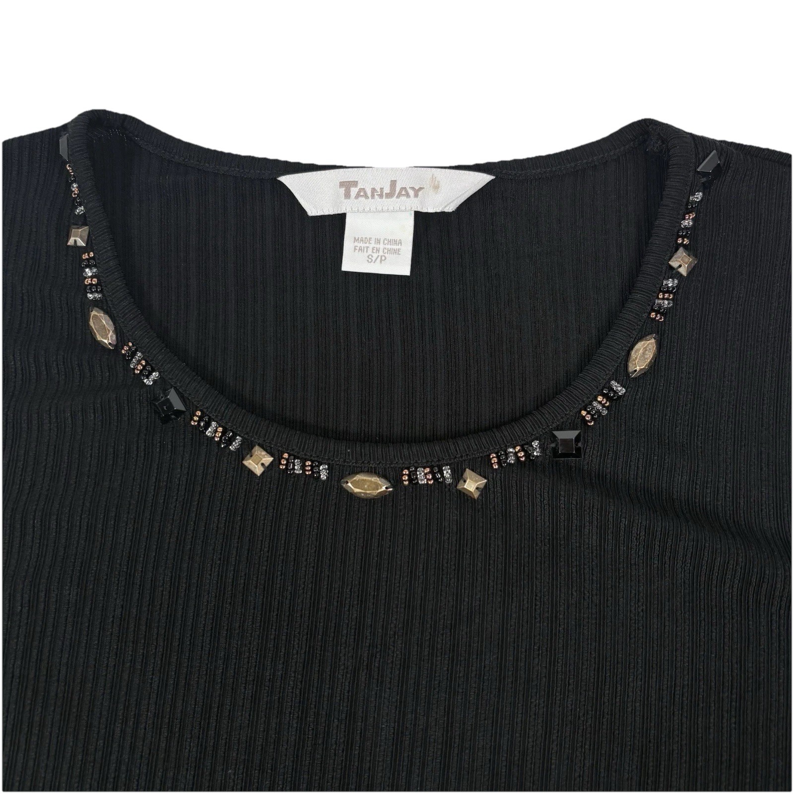 Vintage TanJay 3-Piece Set Black Ribbed Skirt Top Jacket Size S/P Beaded Neck