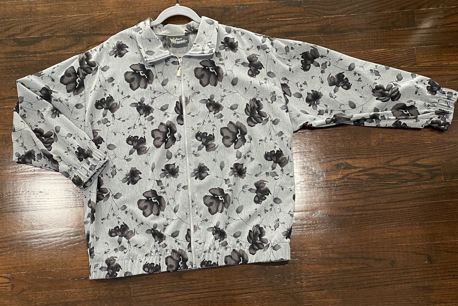 Vintage Silver Threads Jacket Size 1X Y2K Warm Up Parachute Full Zip Gray Floral