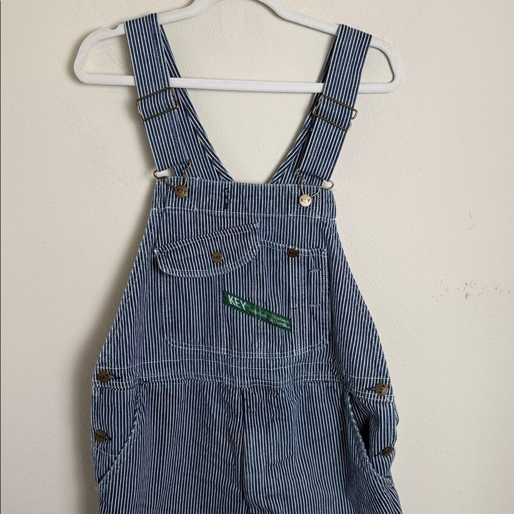 Vintage Key Hickory Blue & White Stripe Overalls L/XL Nautical Coastal