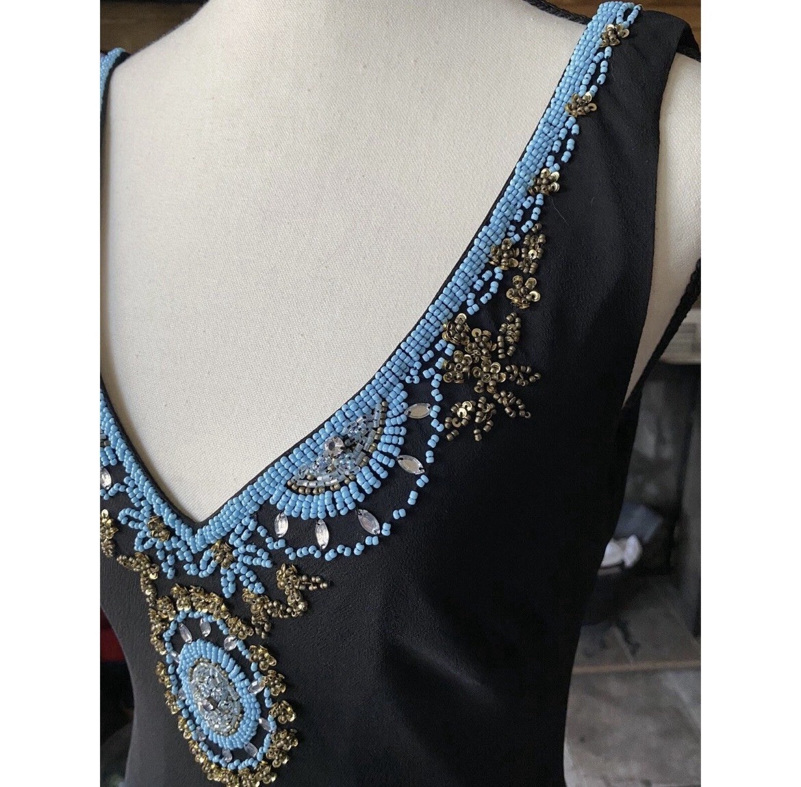 Vtg Vera Chris 100% Silk Bded Flapper Drs Sz 8 Blk Turq Art Deco Gatsby Drop Wai