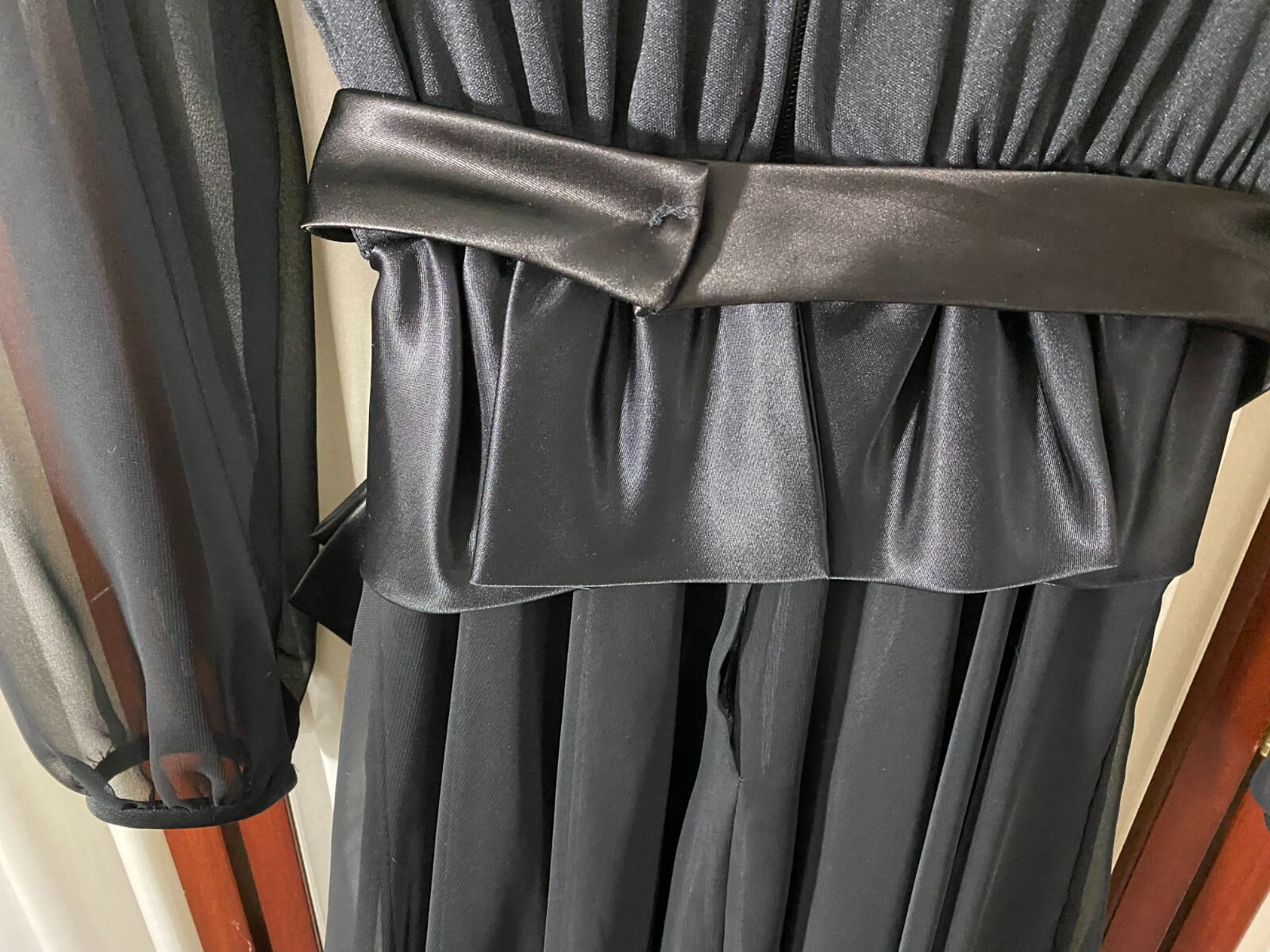 1980s Party Dress w/Peplum-S-Black Voile-Swirly Skirt-NEW WAVE GLAM – SALE