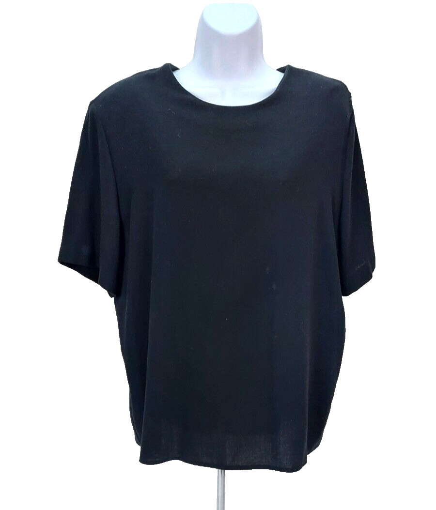 Jo Hardin Vintage Sz16 Short Sleeve Black Top Blouse Back Button Shoulder Pads