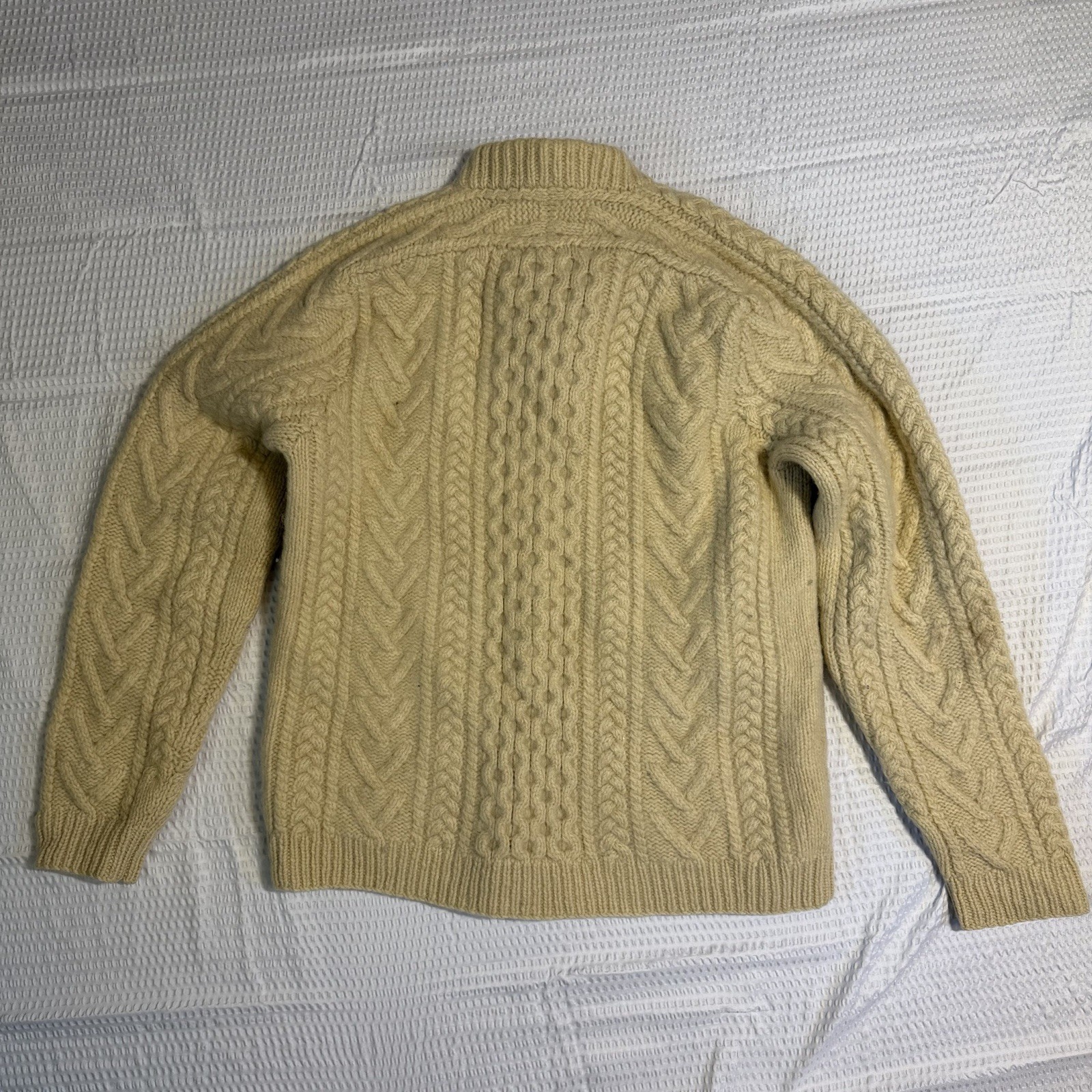 VTG American Eagle Beige 100% Wool Cable Knit Fisherman Sweater Handknit Size M