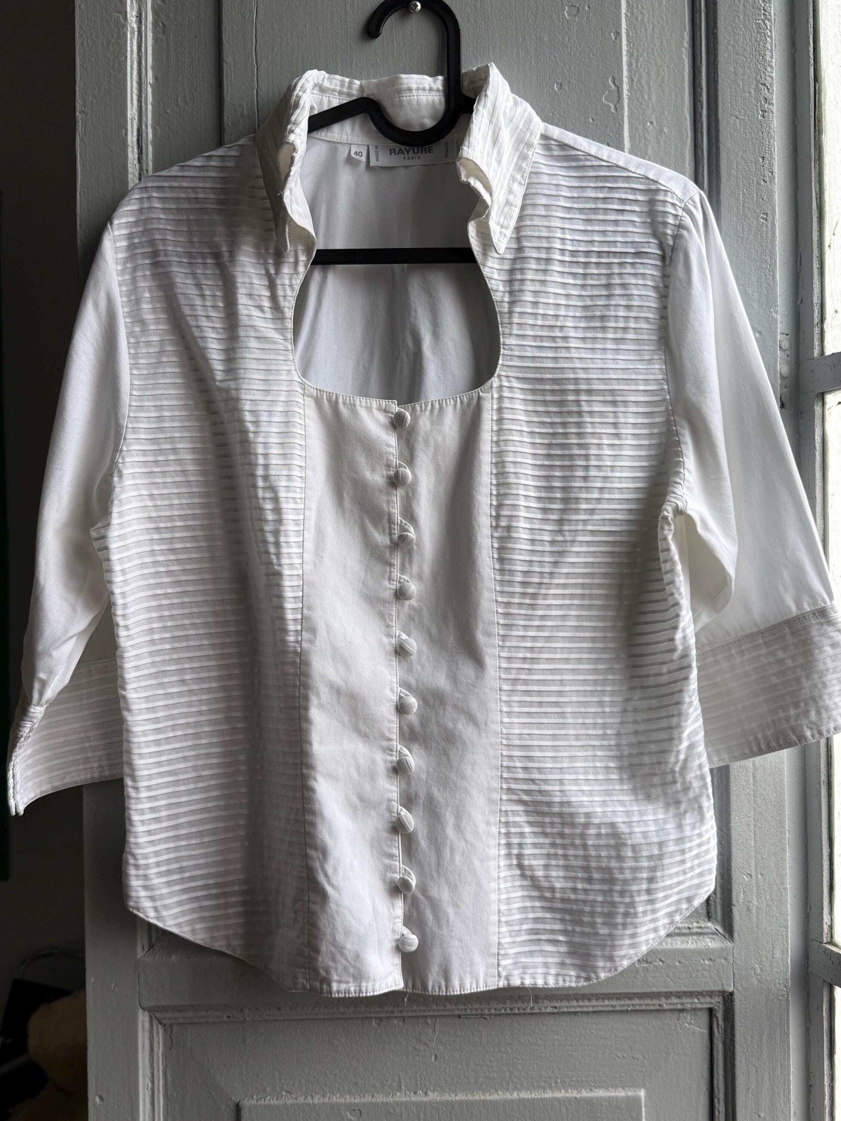 Vintage Rayure Paris white cotton woman blouse, cut out neckline, FR 40 – S