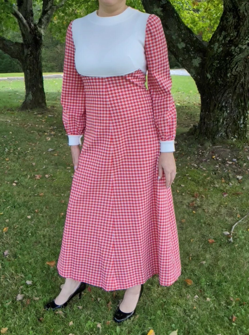 Vintage 1970s Primitive Country Cottagecore Dress Red Check Gingham Sz S