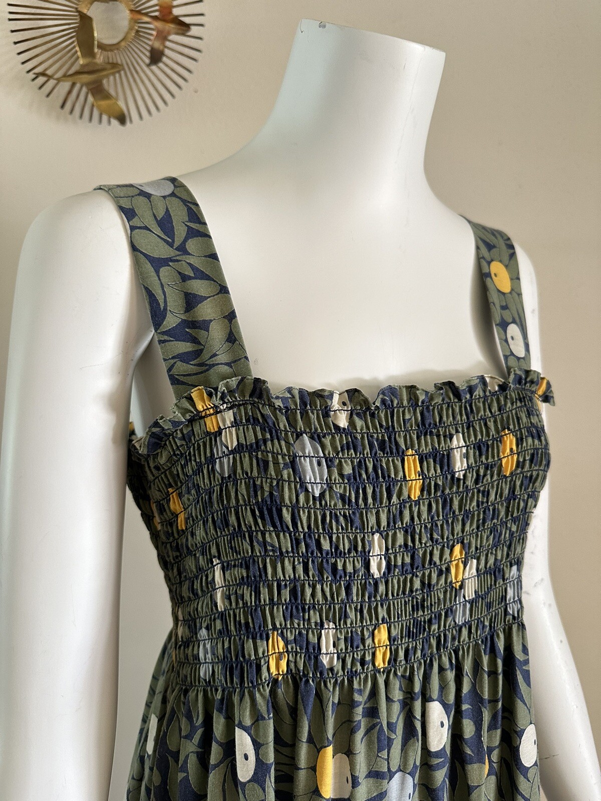 1970s Olive Print Smocked Maxi Dress Cotton Blend Hostess Resort Sundress OS VTG