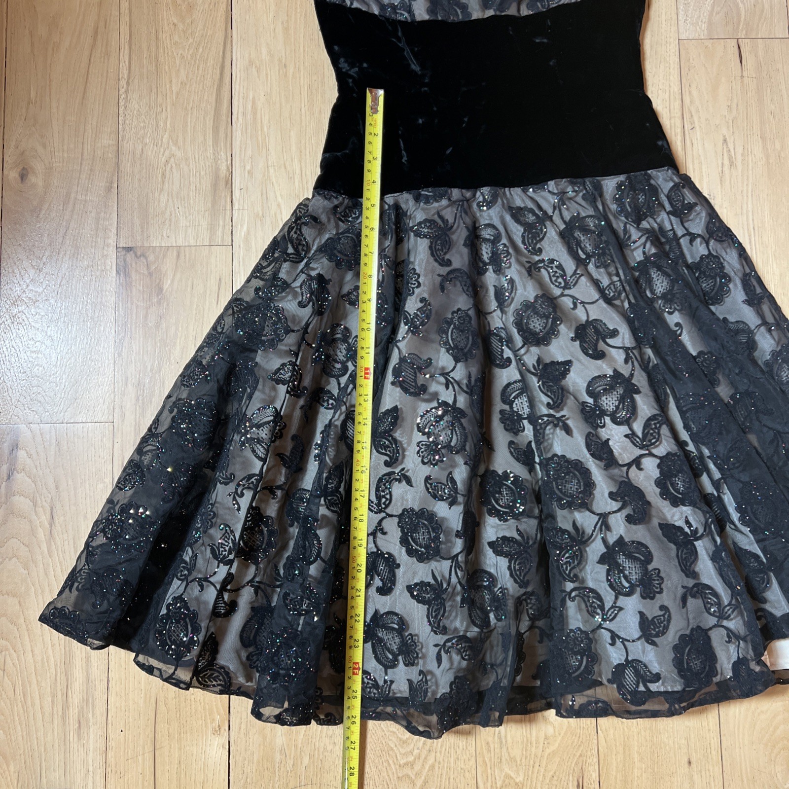 Vintage Hand Made Party Dress, Black Lace And Velvet, Knee Length, Fits Like 6