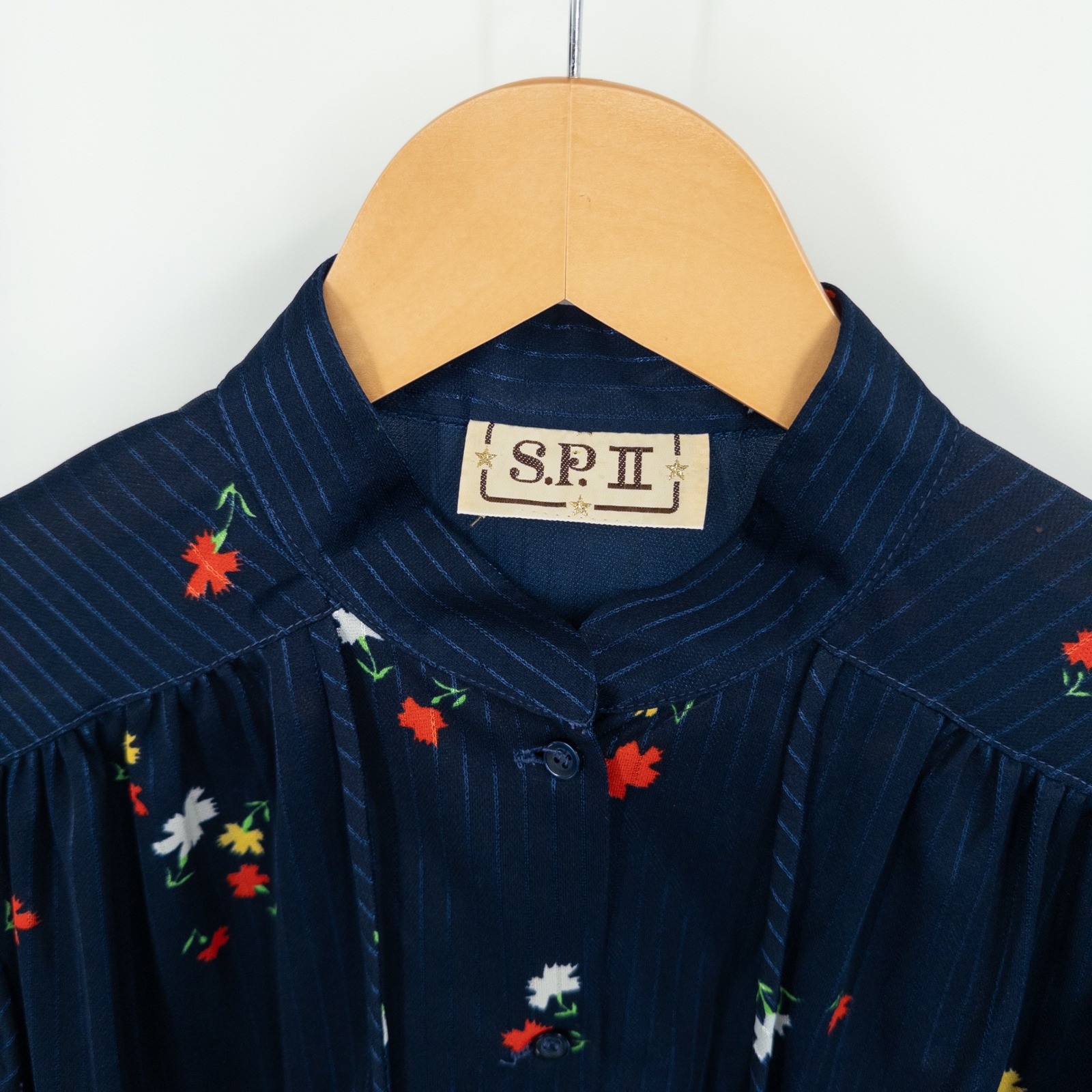 Vintage 70s Navy Floral Pinstripe Prairie Blouse Womens Small