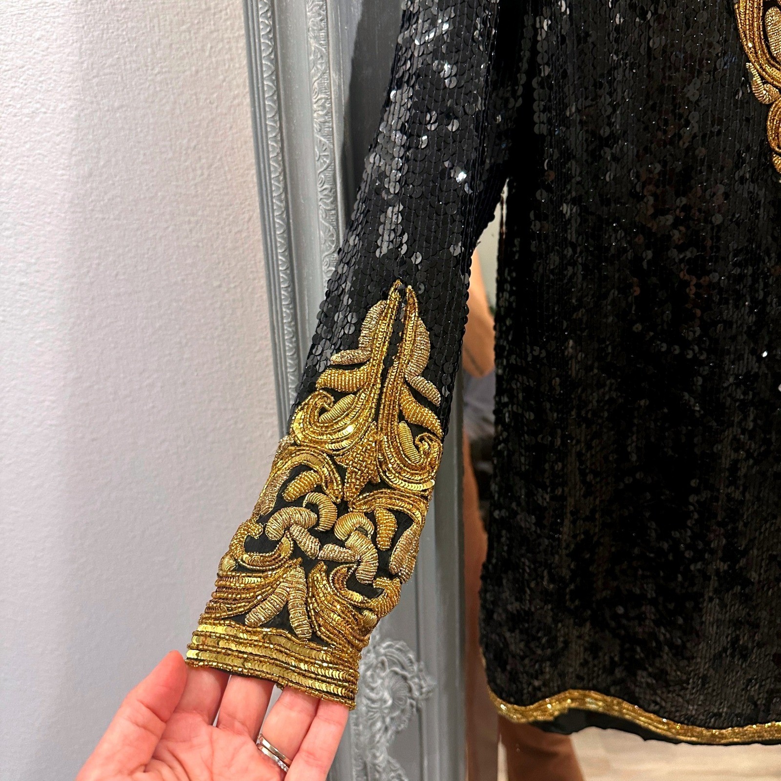 Vintage 80s 100% Silk Oleg Cassini Sequined Gold Beaded Embellished Boho Dress S