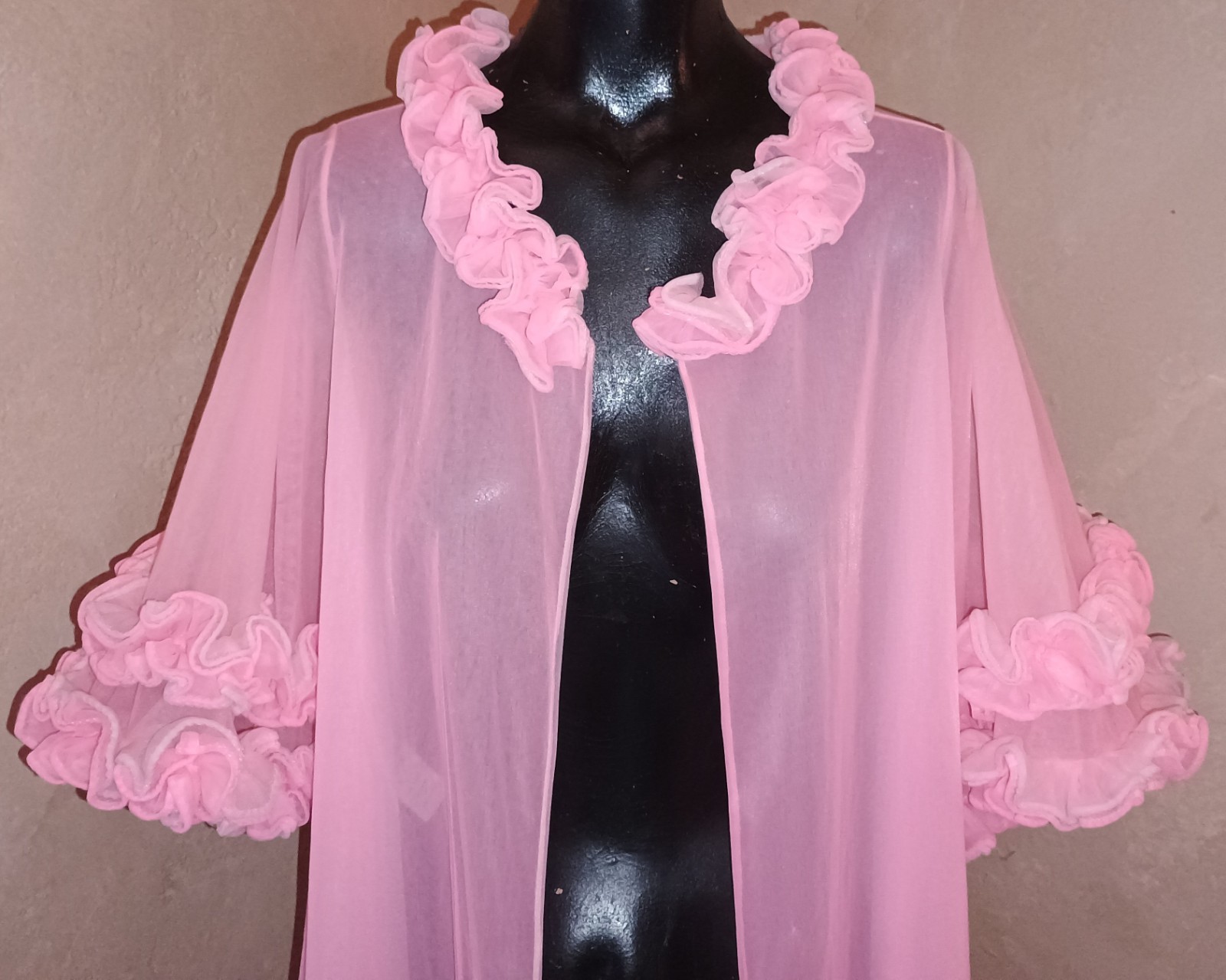 Vintage 50s 60s Jenelle Of California DBL Nylon Sheer Chiffon Ruffles Pink Robe