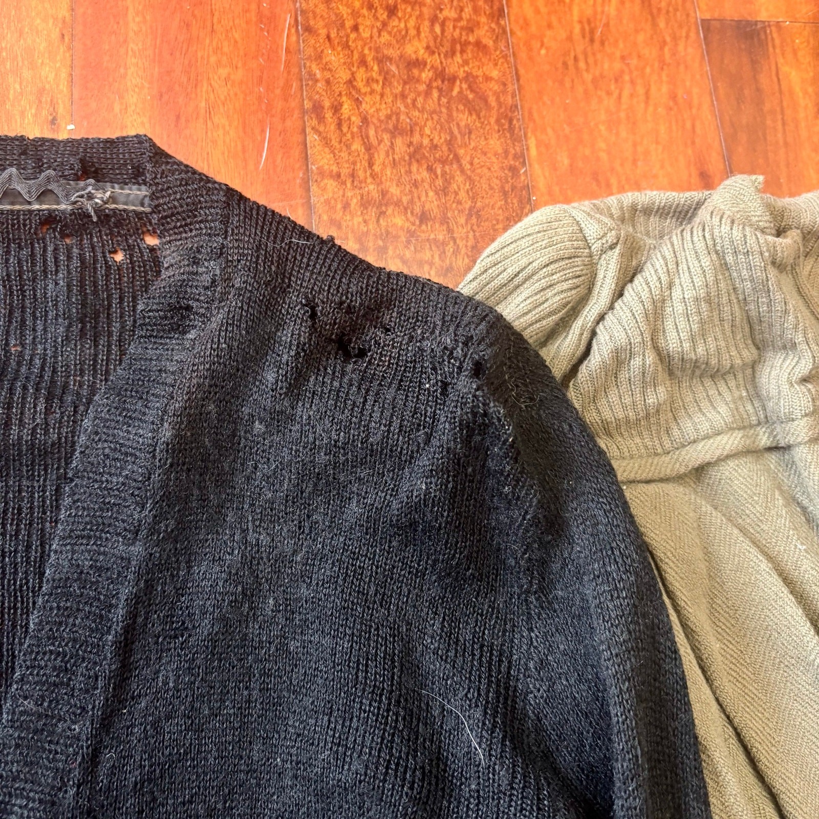 Vintage 1940s Wool Sweater Lot Black Green Wounded Bird As Is Repair Project