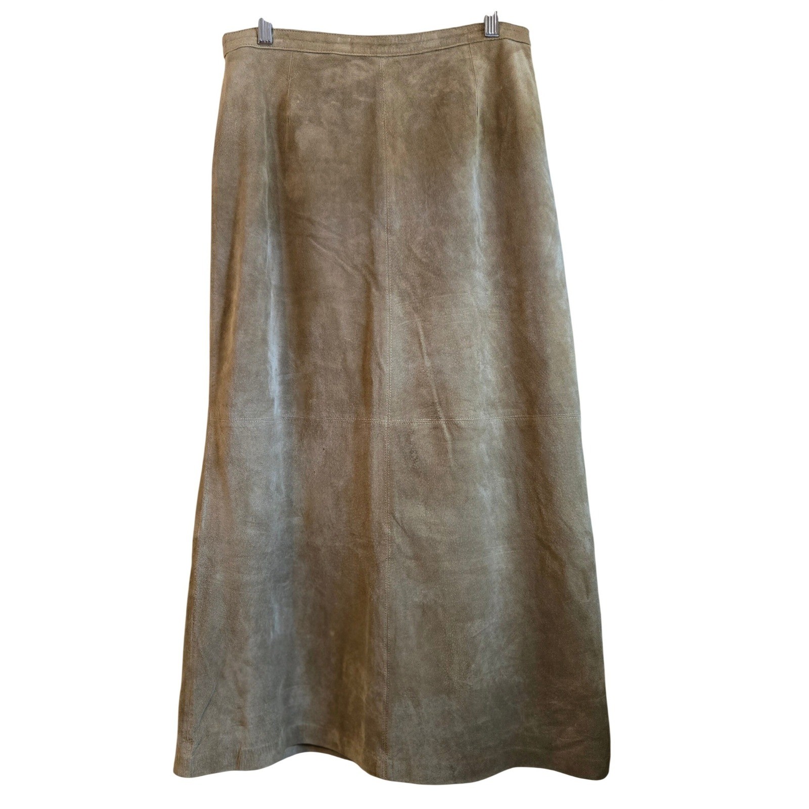 Vintage Retro Chic Tan Real Suede Leather Maxi Skirt 12 A-Line Back Vent Lined