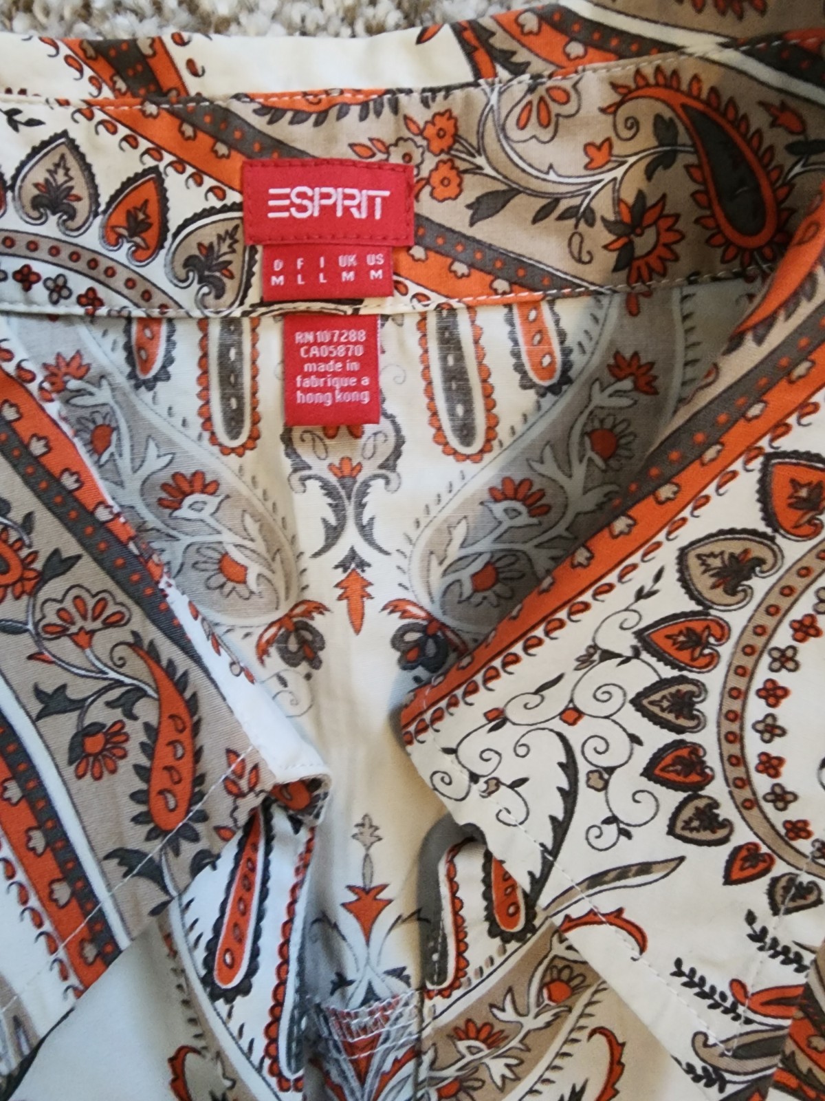 🐎Esprit VTG 90’s WOMEN’S Orange and Gray Paisley Button-Down Shirt. SZ M✨️ Y2K