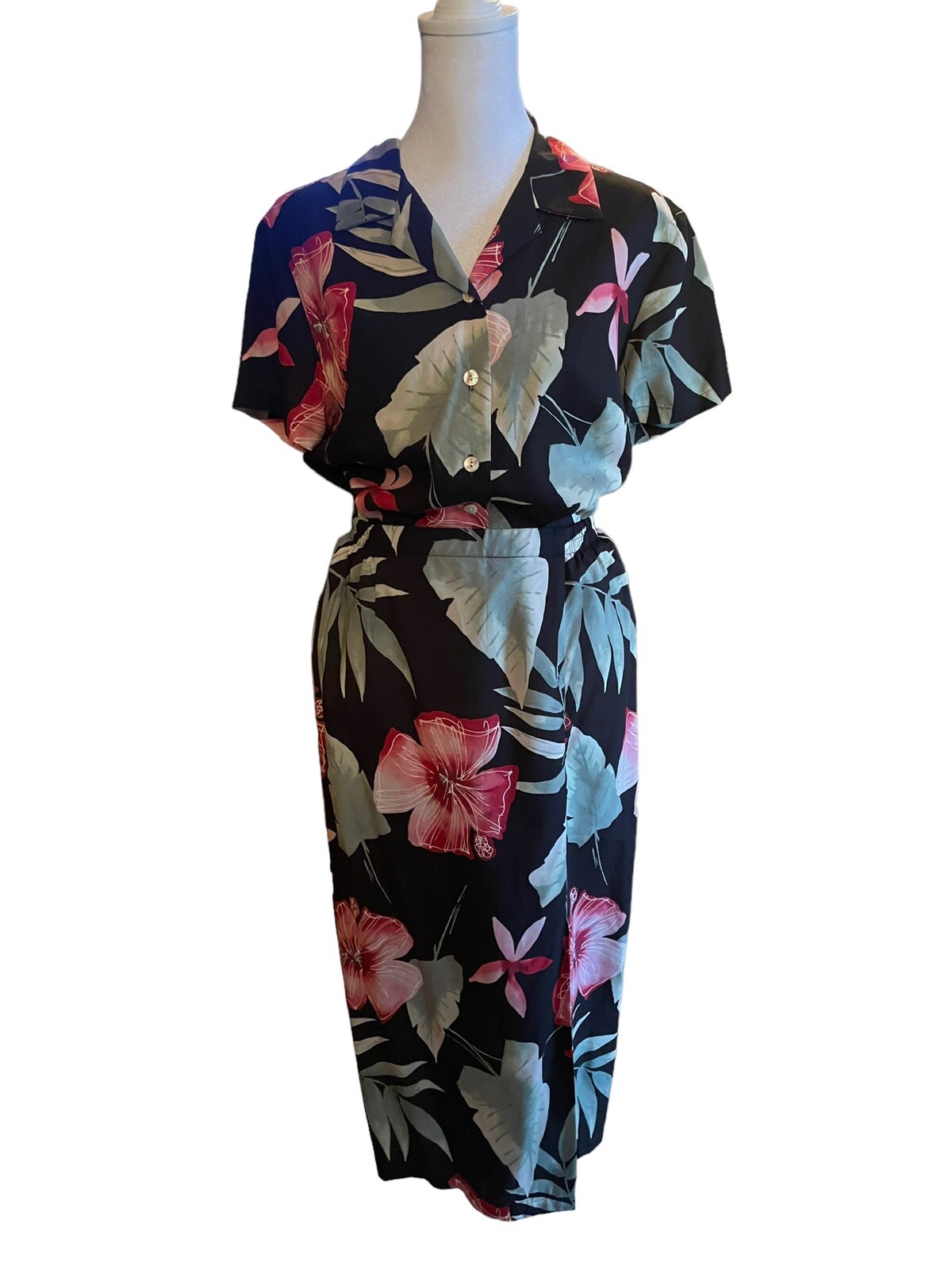 Vintage Nani of Hawaii Long Skirt Camp Shirt Set Small Tropical Black Floral