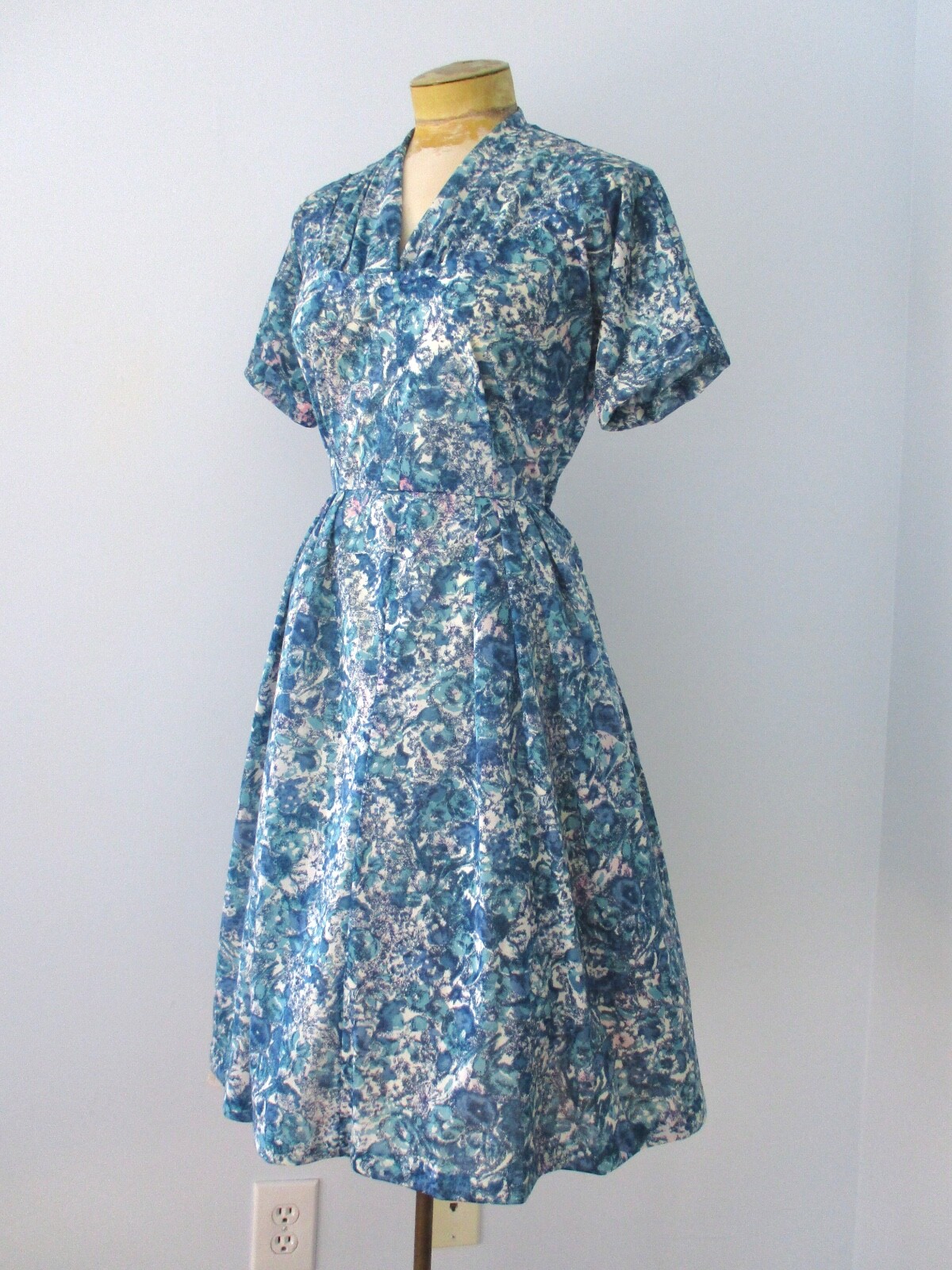 Vtg 50s 60s Blue Pink Abstract Silky Knit Rockabilly Swing Dress Nelson Caine M