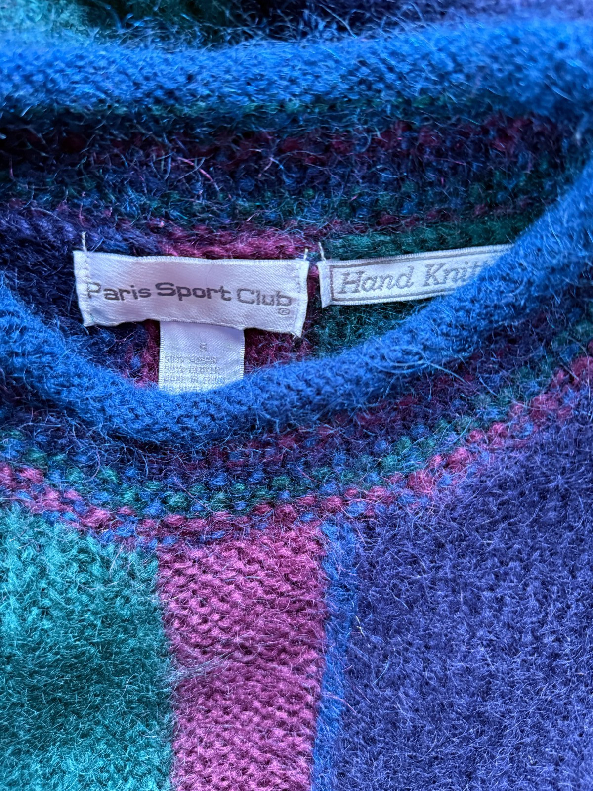 Paris Sport Club Vintage Hand Knitted Mohair Blend Striped Sweater Purple Teal S