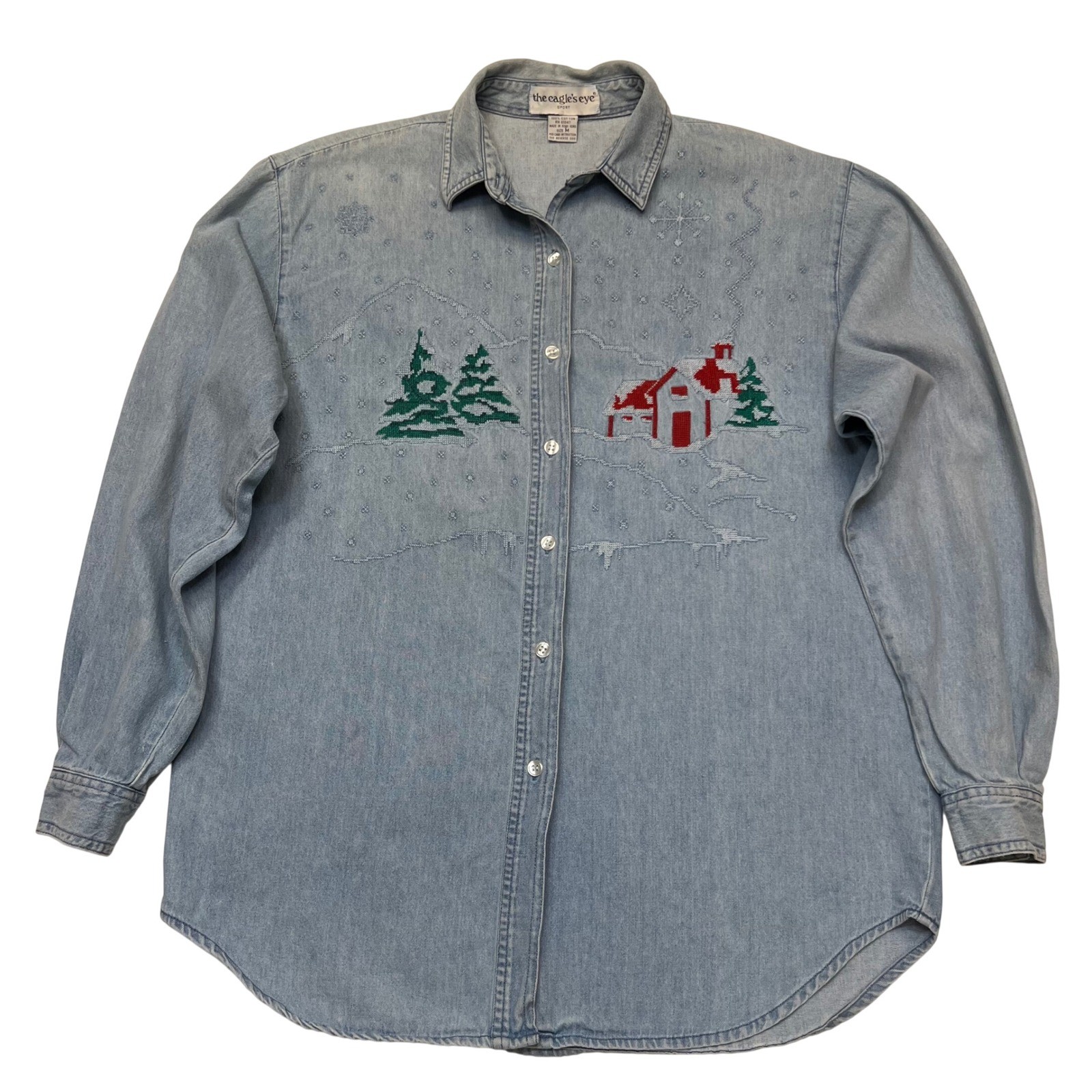 The Eagle’s Eye Vintage Winter Scene Cross Stitch Embroidered Denim Shirt Size M