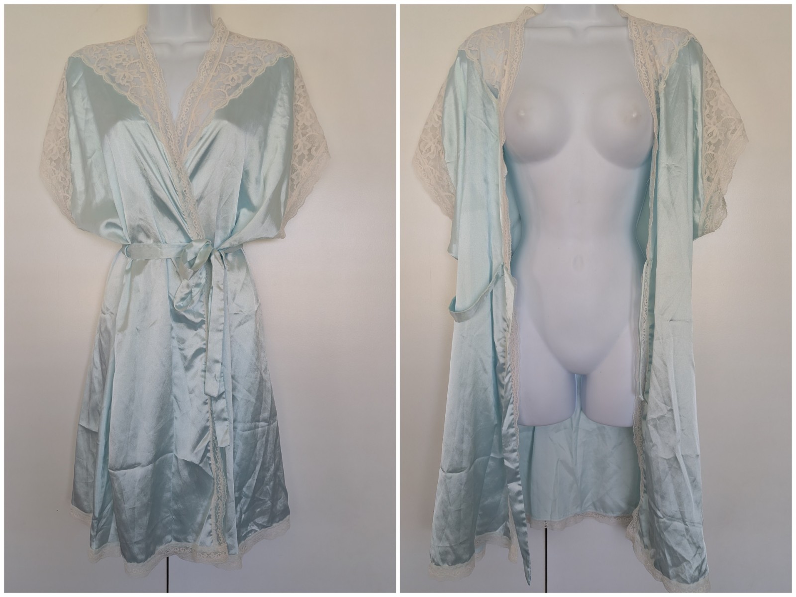 Vintage Lily of France Silky Satin baby blue robe lace Negligee Nightgown M