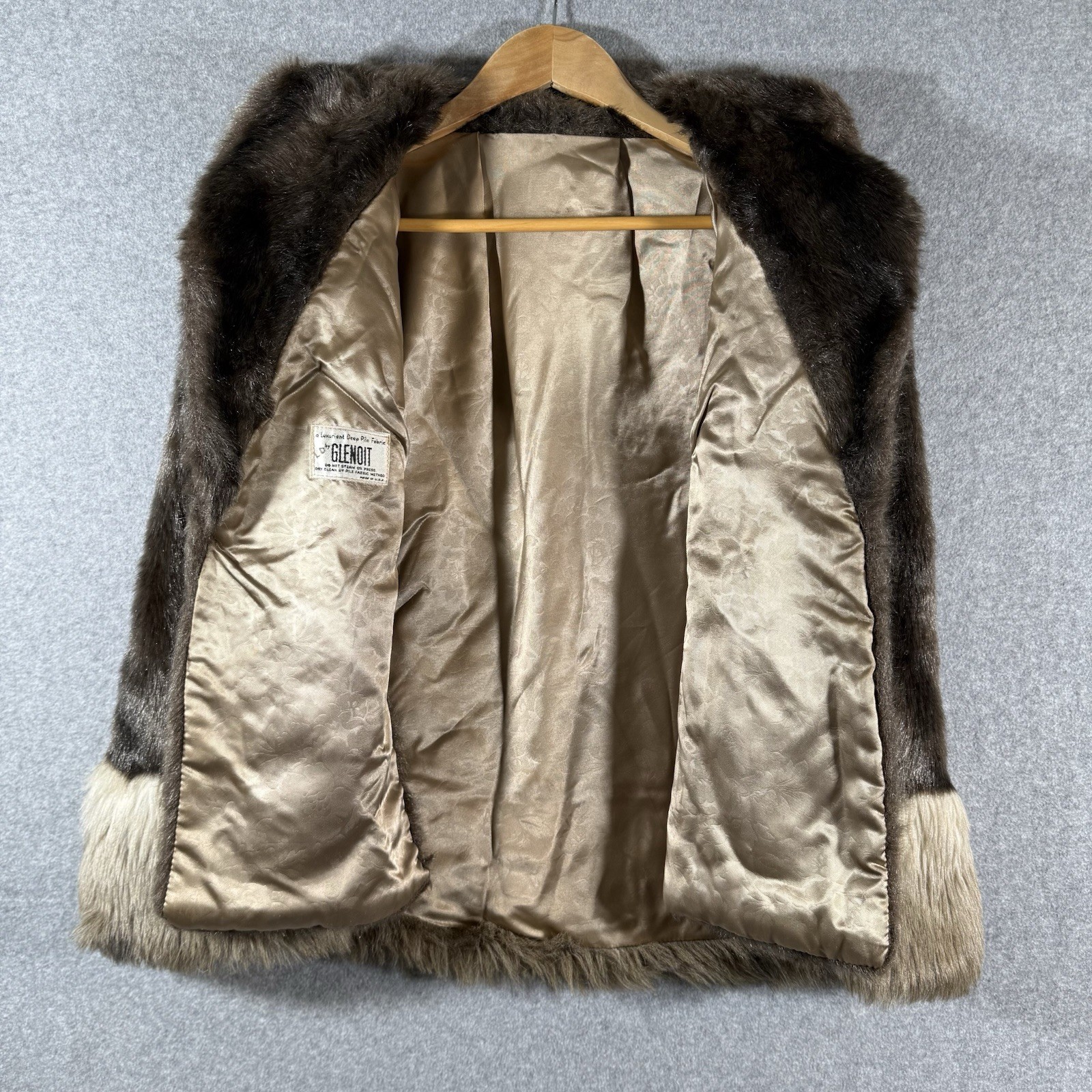 Vintage GLENOIT Women Faux Fur Cape Stole Swing Wrap Brown Cream