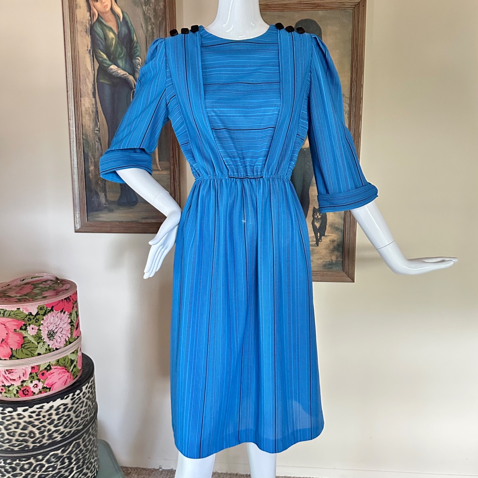 Vintage 1980s New Wave Dashes Striped Midi Day Dress Preppy Secretary M