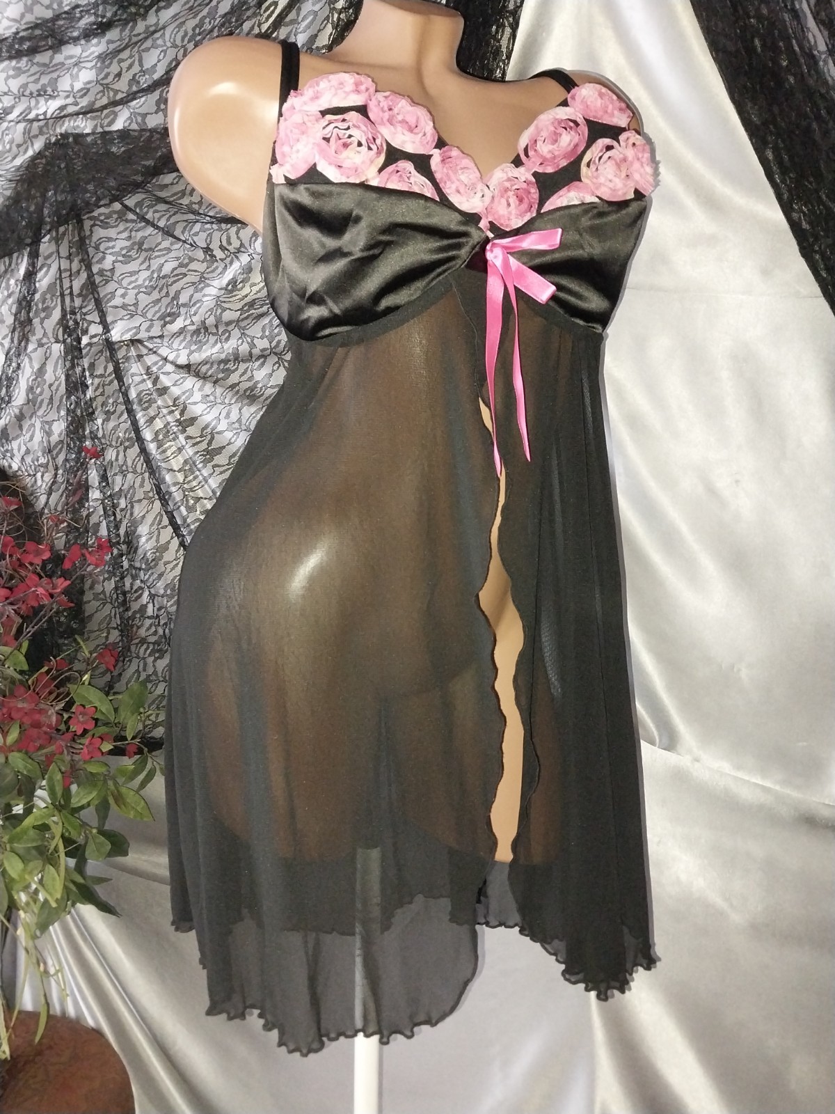 VTG SILKY FRILLY FRU FRU SISSY BABYDOLL NIGHTGOWN GOWN SHEER 44/46″ XXL