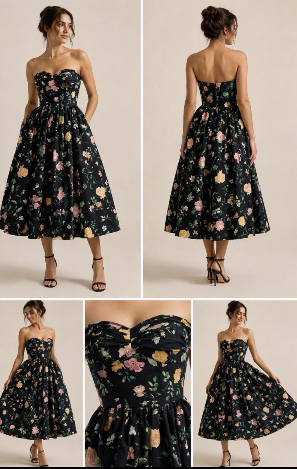 Vintage 80s Cottage Core Black Floral Prom Party Dress Gilbert-Pavell Size 4