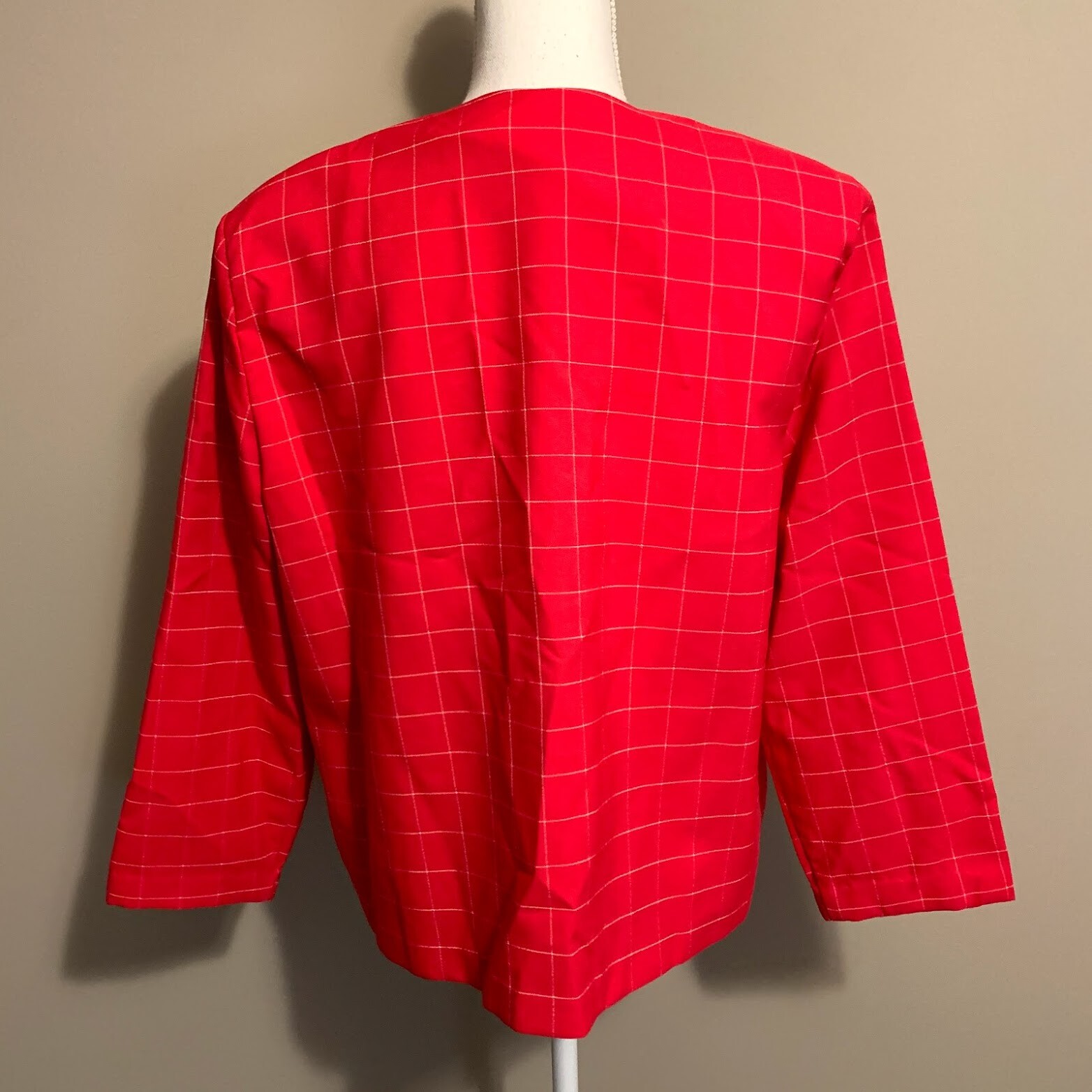 VTG Hot Pink White Windowpane Plaid Open Front Blazer Jacket 80s 90s Size 16