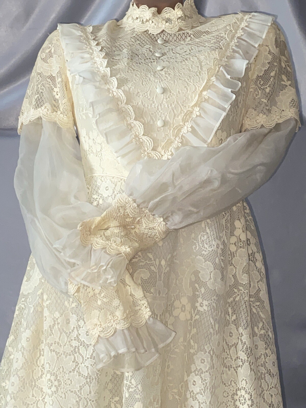 VTG COQUETTE Edwardian Lace ETHEL CAIN ESQUE BRIDE WEDDING PARTY DRESS 32″
