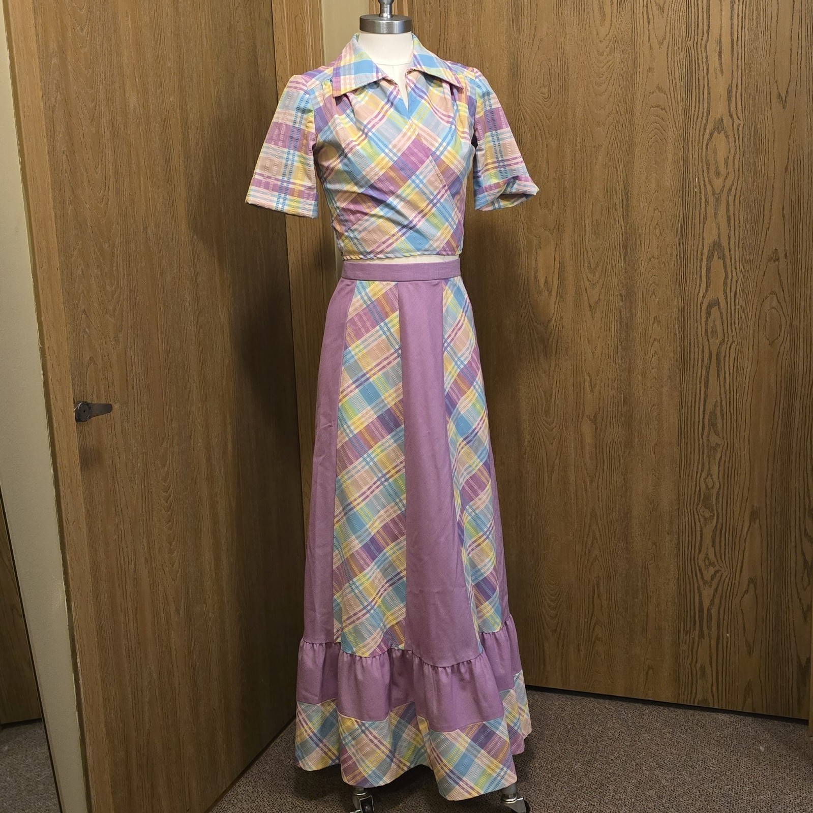 Intuitions by Kathy Manning Vintage 70s Plaid Maxi Dress 2 Piece Set Size Small