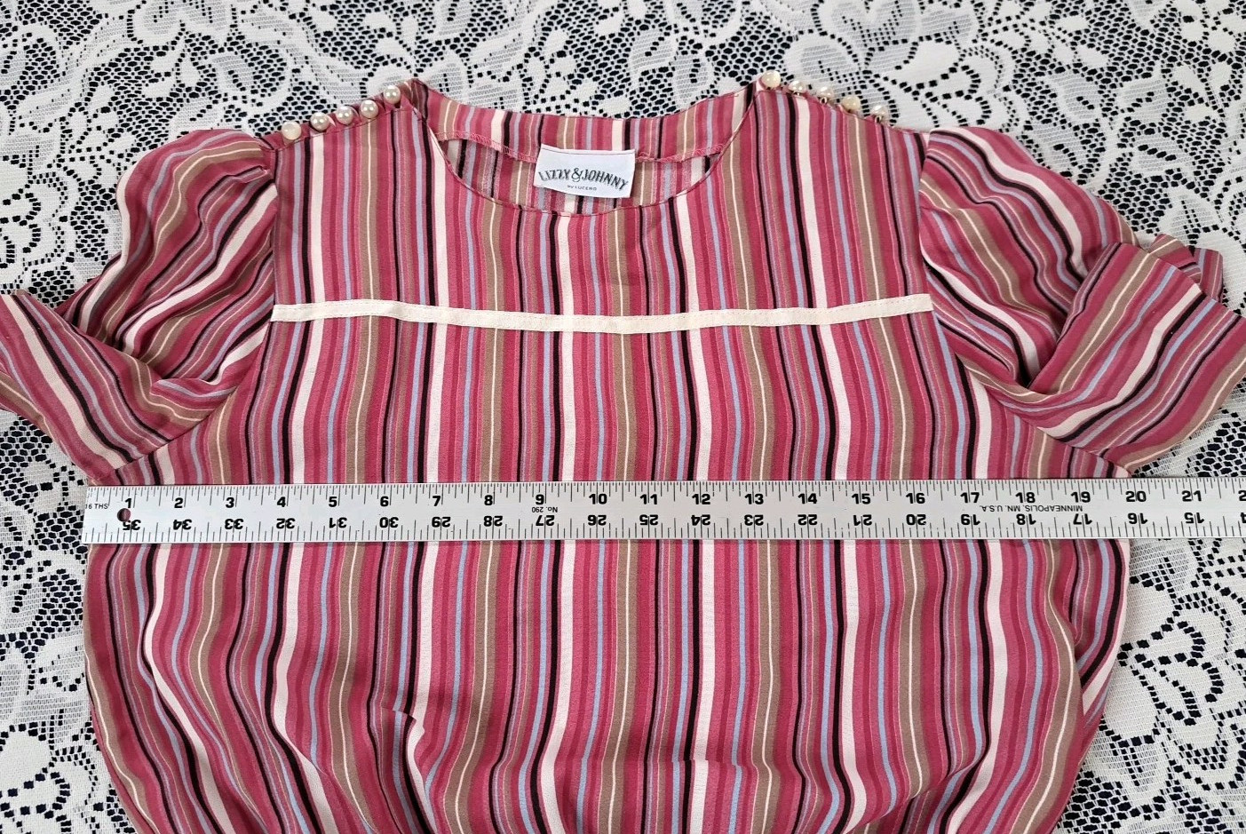 Lizzy & Johnny By Lucero Dress 12 Mauve Striped Elastic Waist Short Sleeve VTG