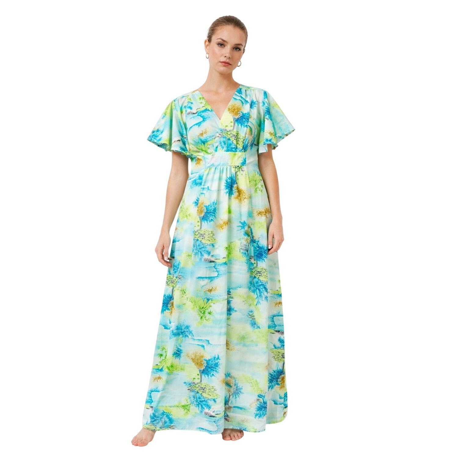 PENNEY’S HAWAII 70’s Maxi Dress Tropical Flutter Sleeve Blue Green Bright