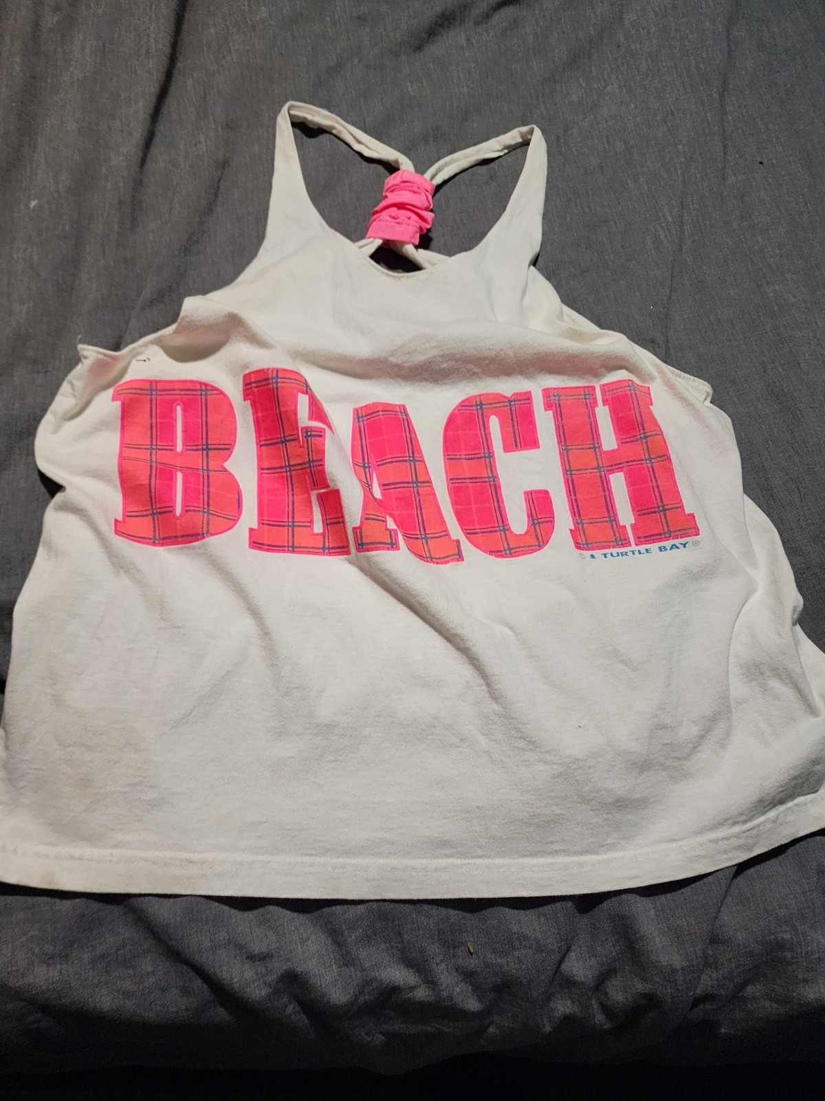 Vintage 90s Turtle Bay Beach Plaid Graphic Tank Top Racerback USA Made OSFA