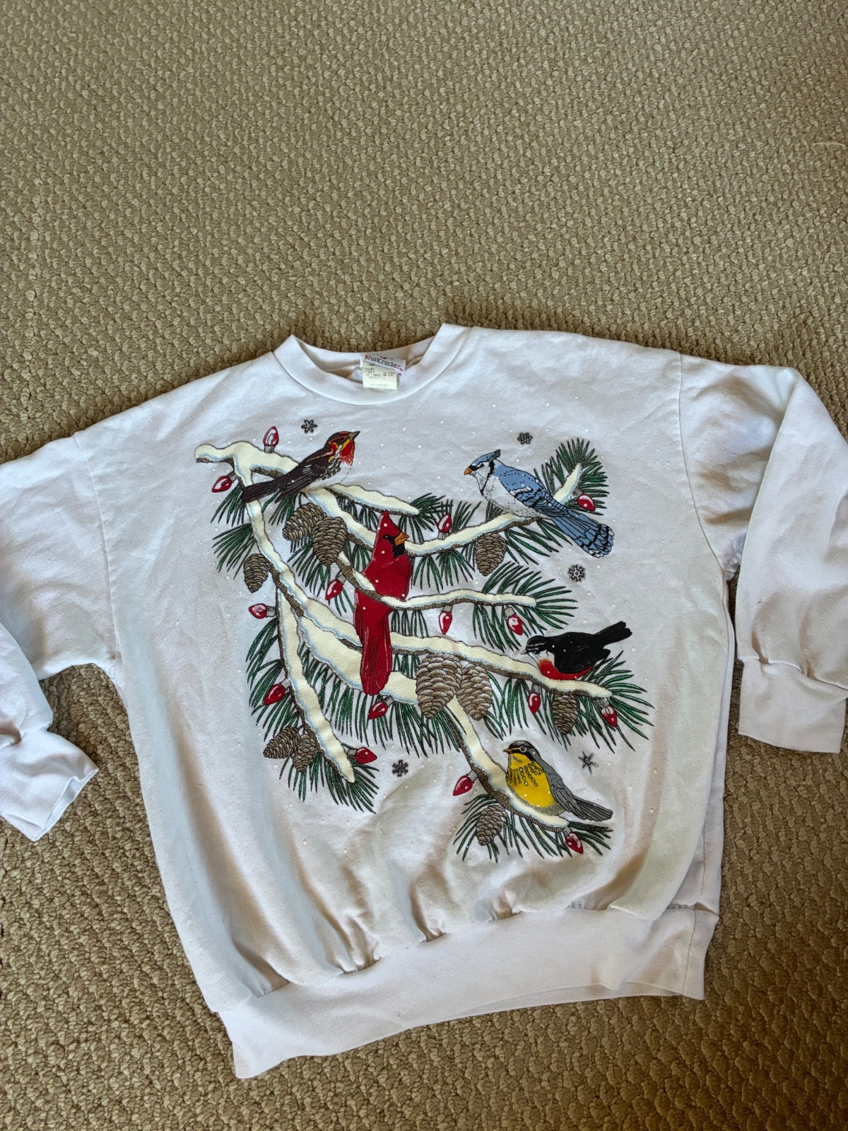 Vintage Christmas Sweatshirt Snow Birds Small Cardinal Puffy Graphic Nutcracker