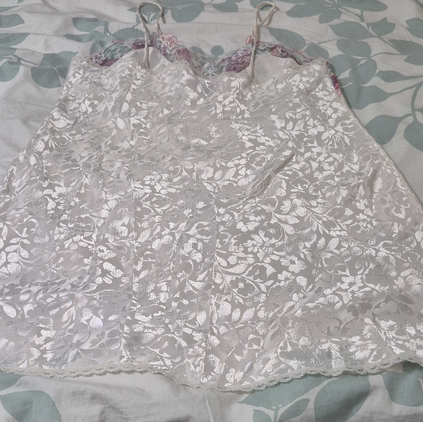 Val Mode White Satin Floral Jacquard Camisole Top w/ Lace Trim Vintage