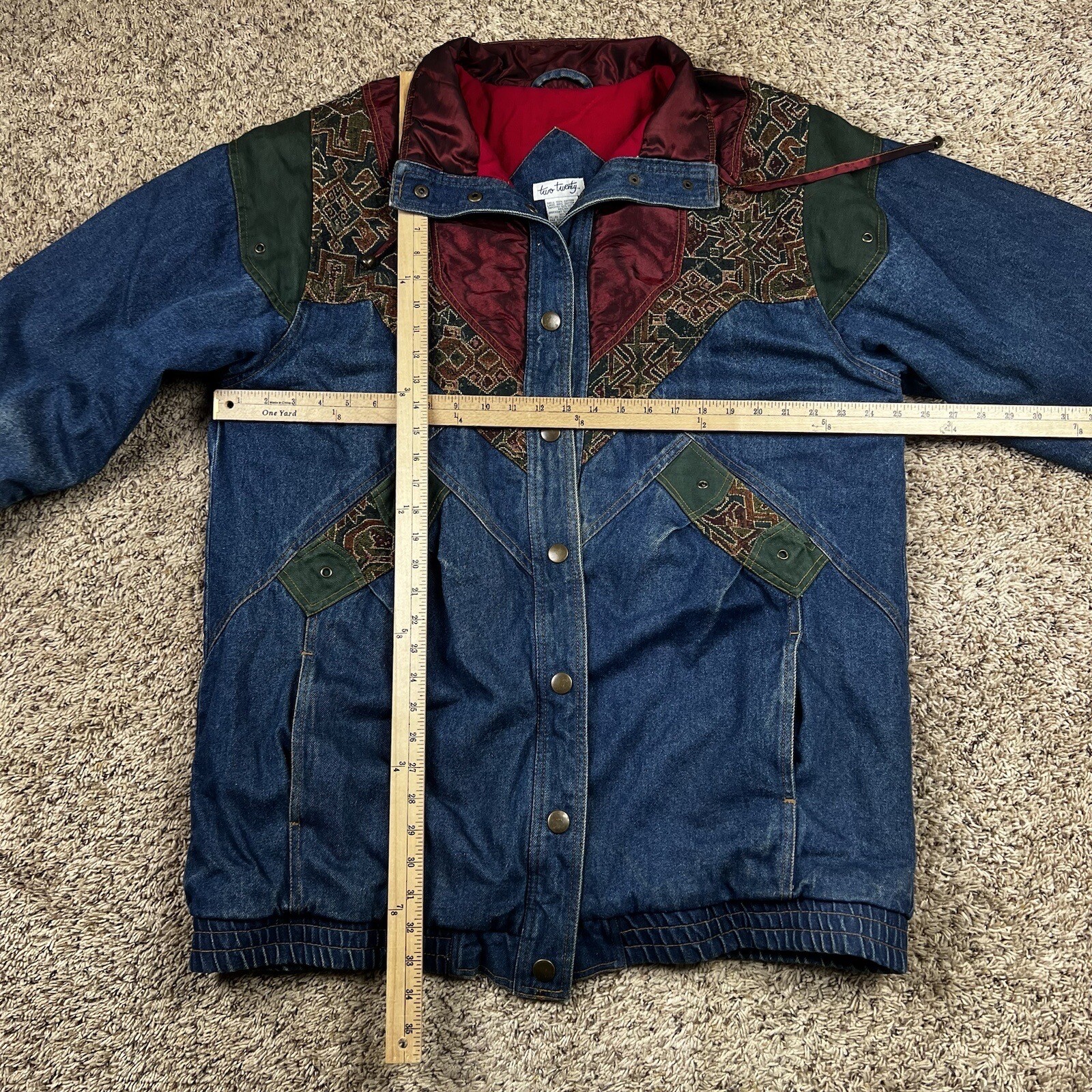 Vintage 90s Two Twenty Women’s Blue Denim Patchwork Winter Lined Jacket XL Long