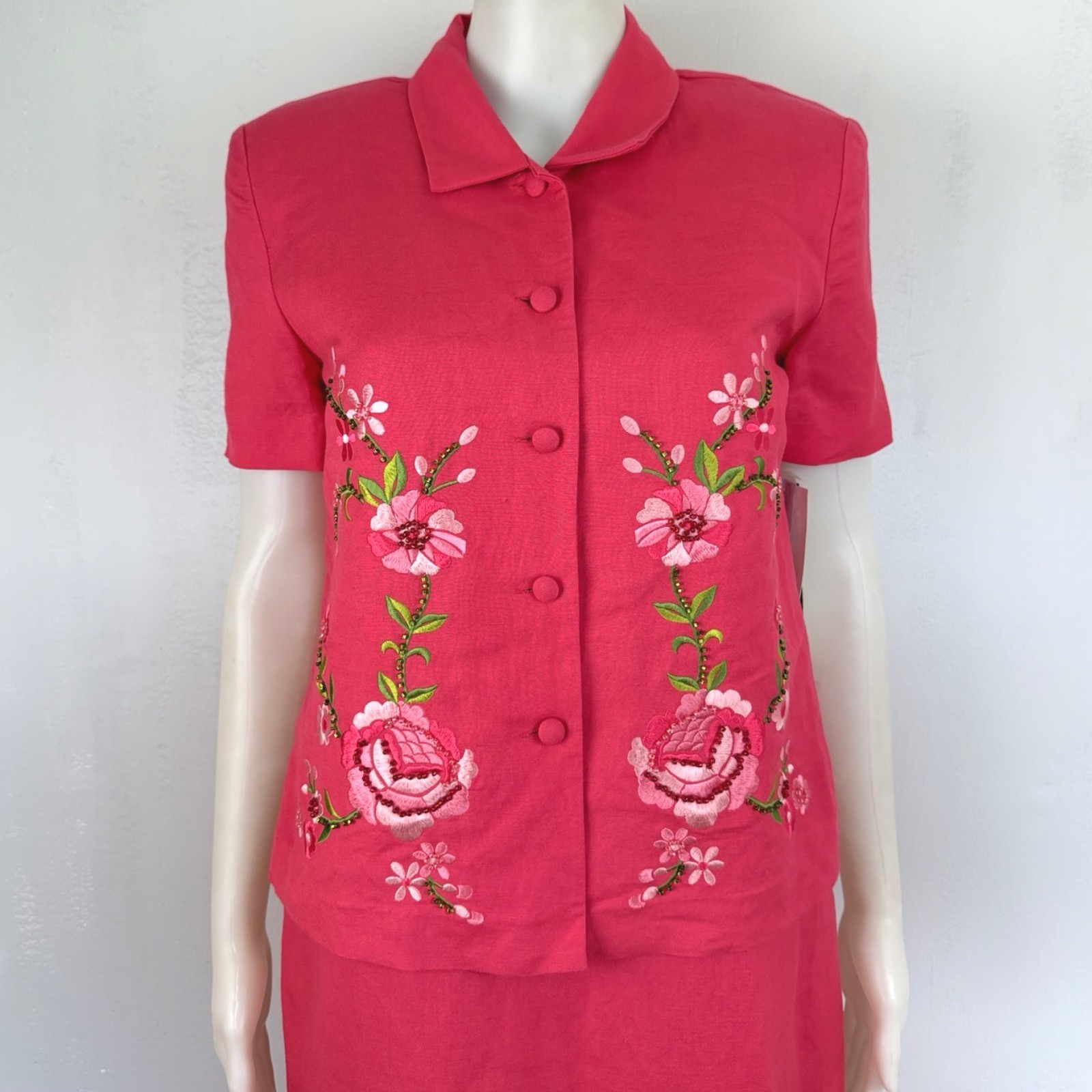 Vintage Floral Embroidered Dress Top Set Size Small 90s Pink Beaded Linen Blend