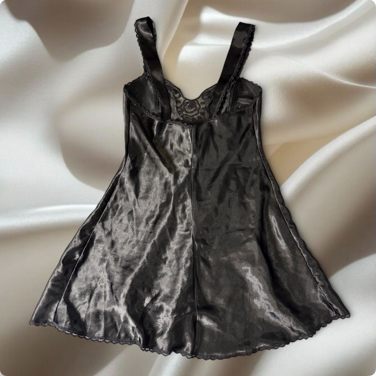 Vintage 90s Black Satin Slip Dress Made in USA Lace Lingerie Mini Medium