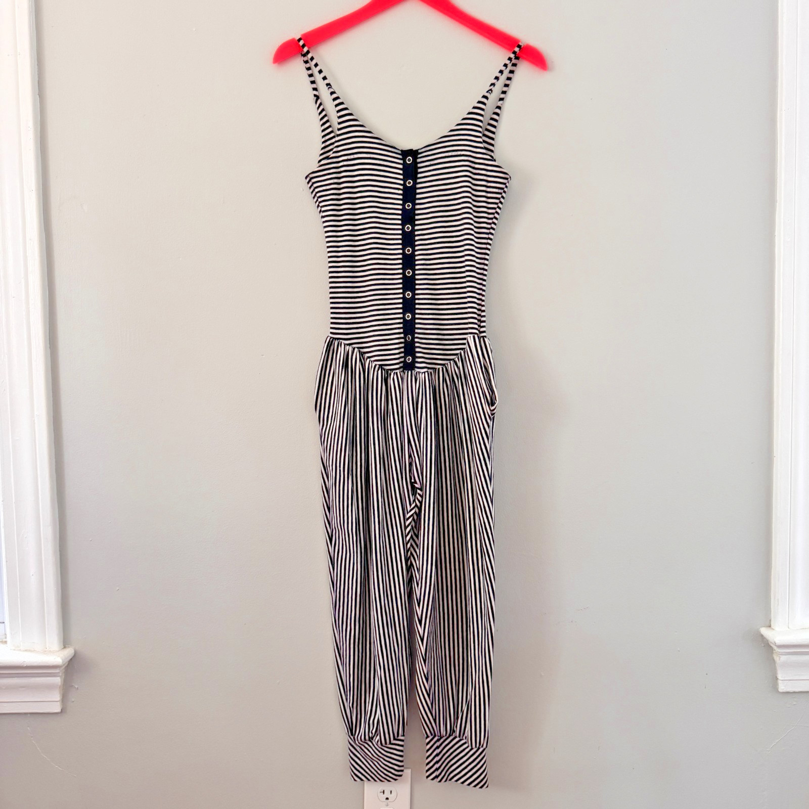 80s vtg BETSEY JOHNSON Black White PUNK LABEL Striped SNAPS Jumpsuit Catsuit S
