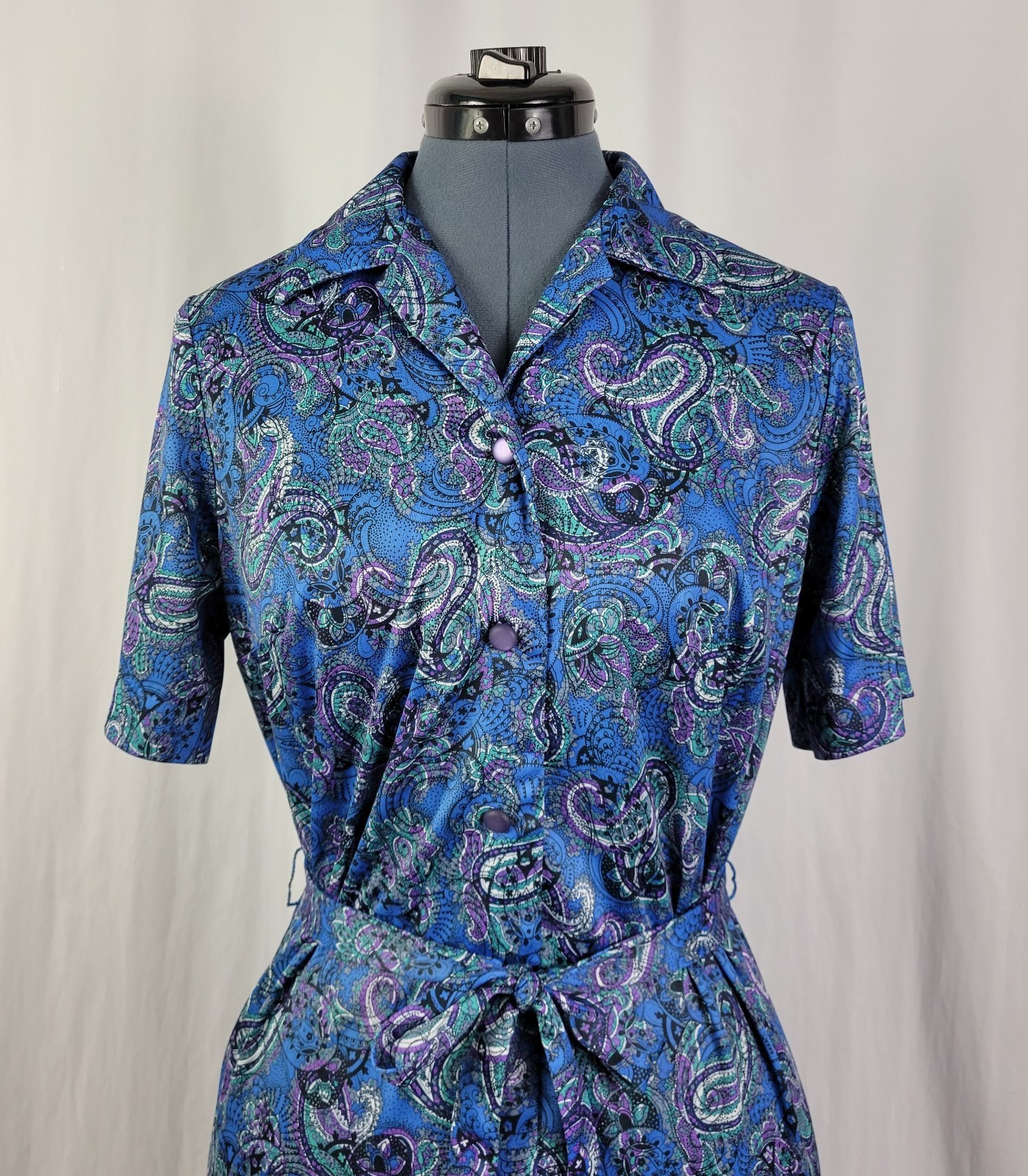 Vintage Ina Carol Blue & Purple Paisley S/S Dress w Matching Tie Belt Size 14