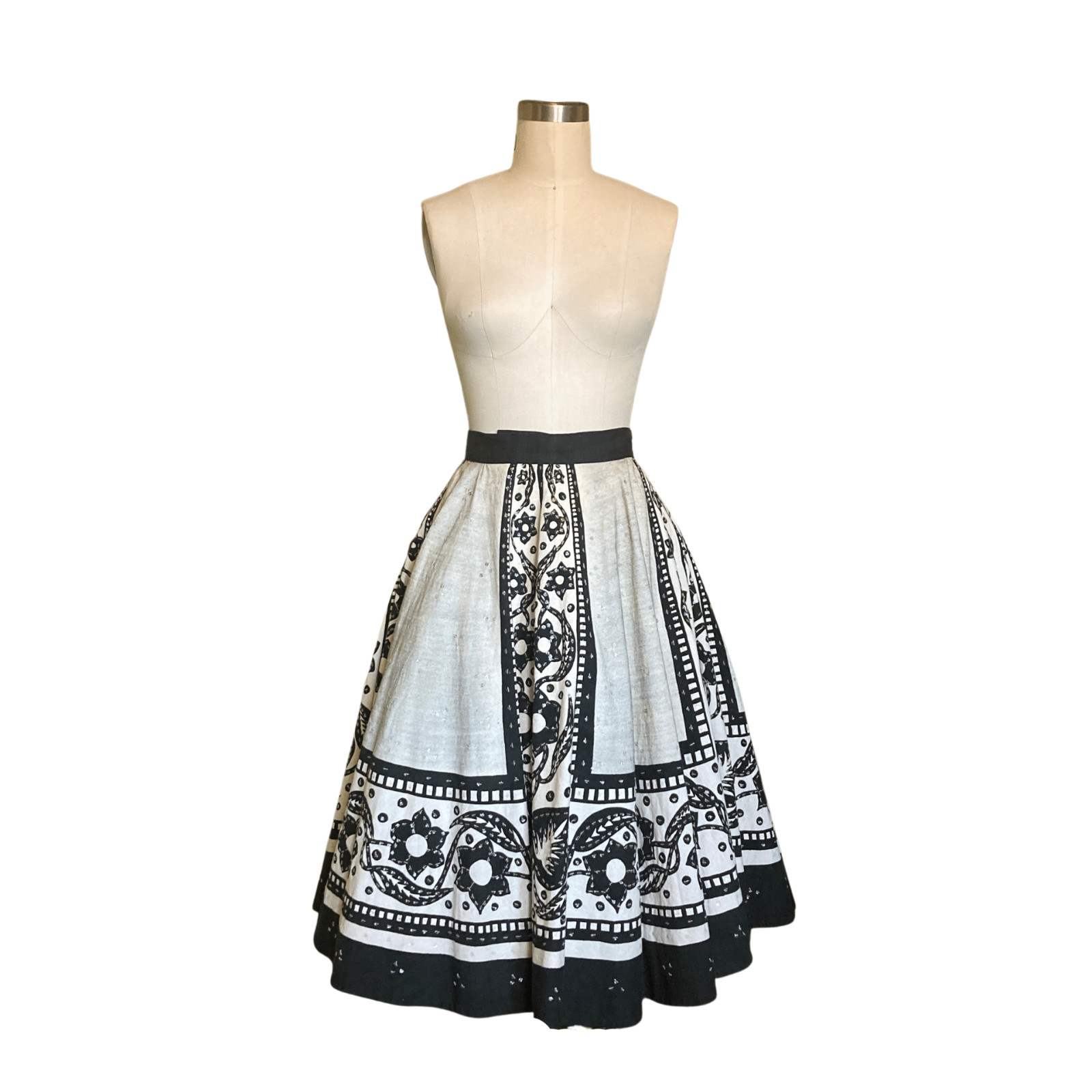 Vintage 1950s Black & Off White Floral Sequin Circle Mexican Skirt | 1950s Skirt