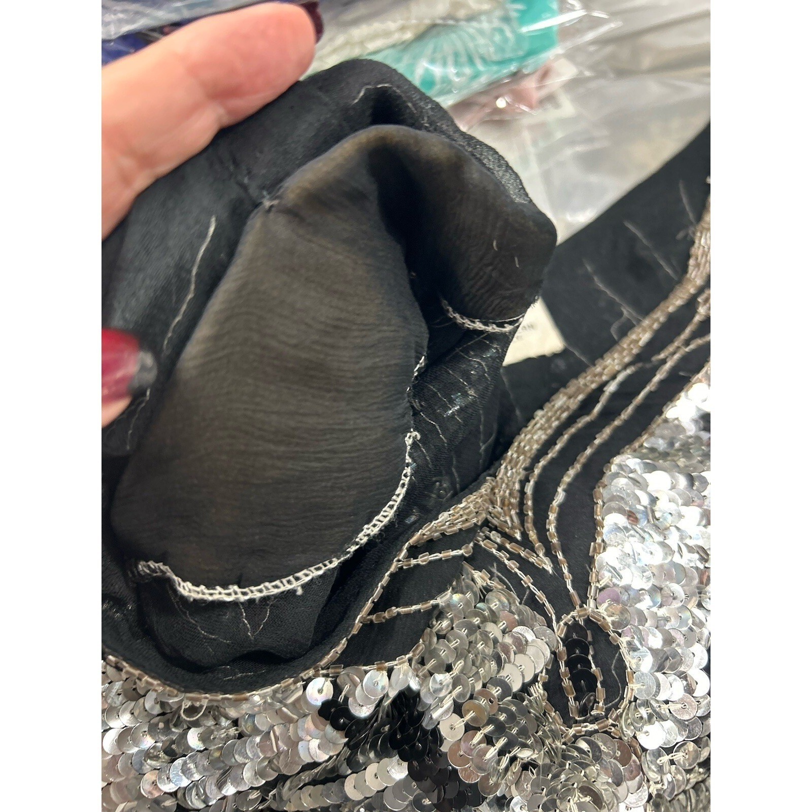 Vintage Butterfly Sequin Silk Top OS Black Silver Beaded Glam Art Deco Gatsby