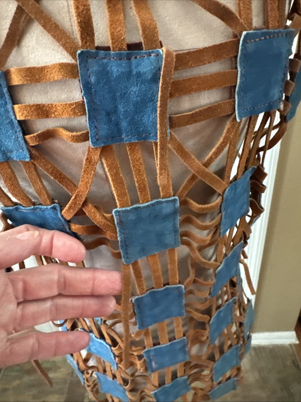 Vintage 70’s Hippie Suede Leather Cut Squares Blue & Brown Vest Made In Mexico