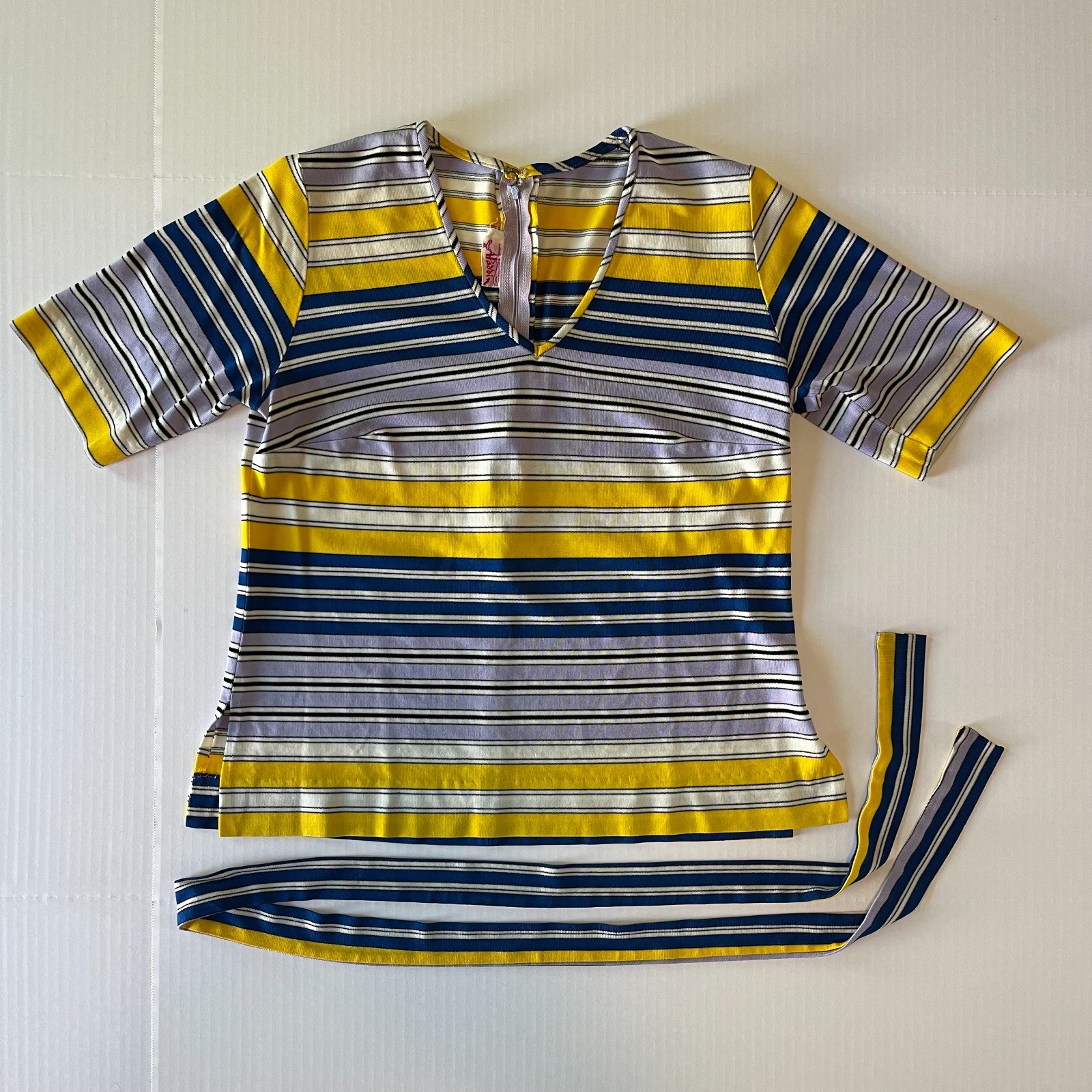 Vintage 60s Aladdin Striped Top Blouse Yellow Blue Purple V-Neck with Waist Tie