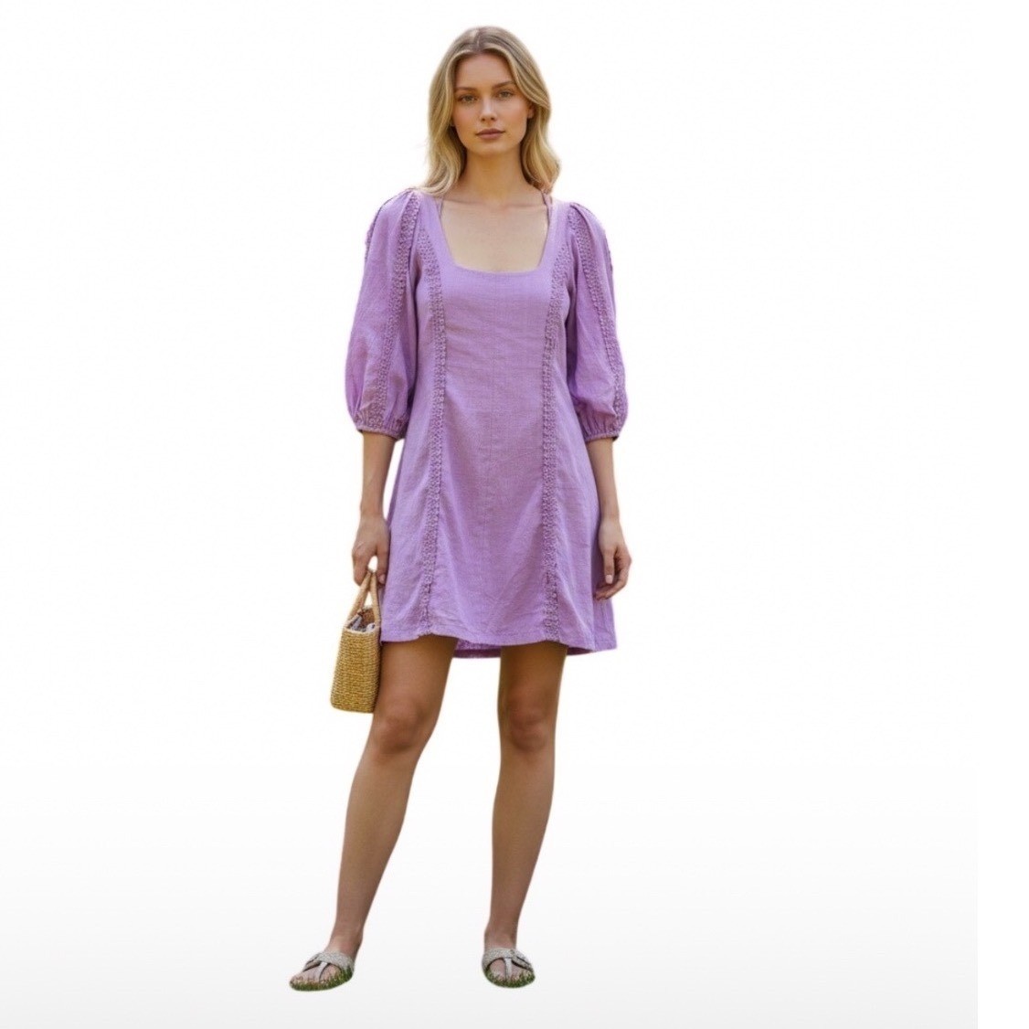 Fortunate One Purple Time Flies Mini Dress Size XL Boho Puff Sleeve Open Back