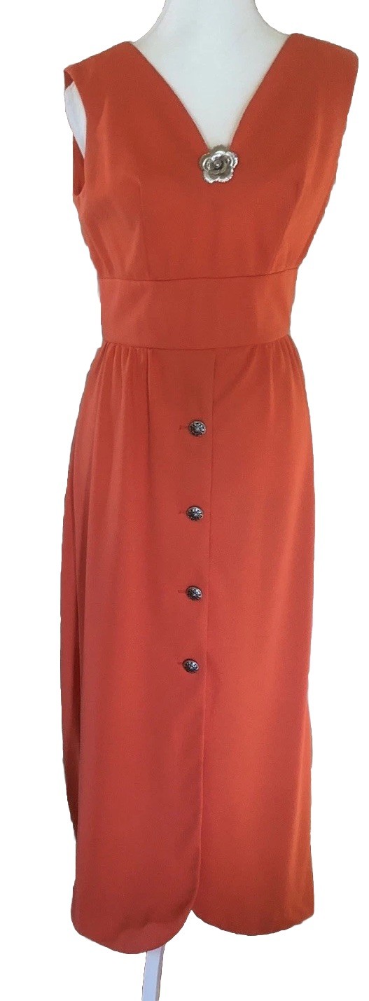 Vintage 1960’s Maxi Long Sleeveless Orange Knit Dress 34