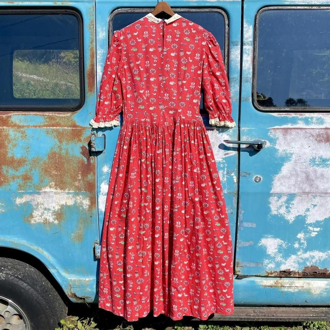 early 40s red cotton folk novelty Dutch girl & boy prairie dress pin tuck yoke