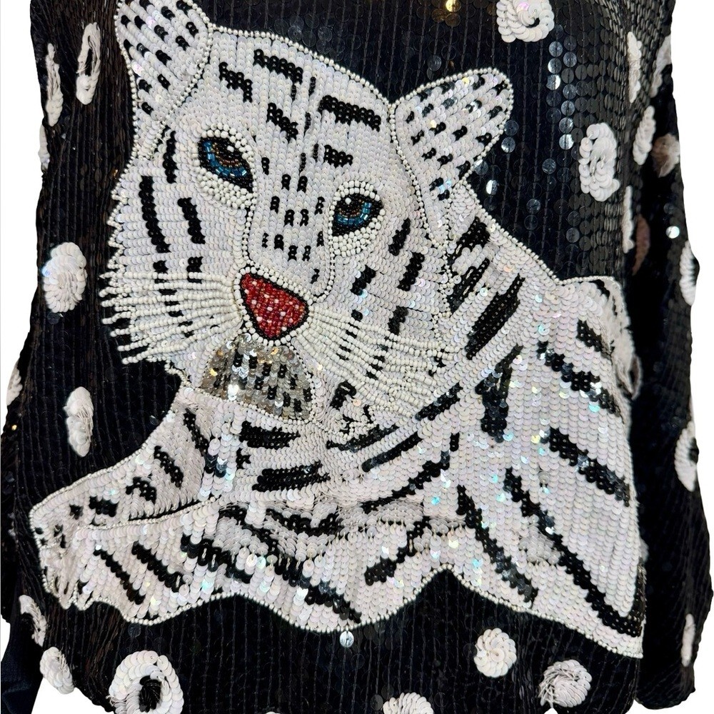 True Vintage 80s Sequin Beaded Tiger Top Dress Black Silk Batwing Sleeve One Siz