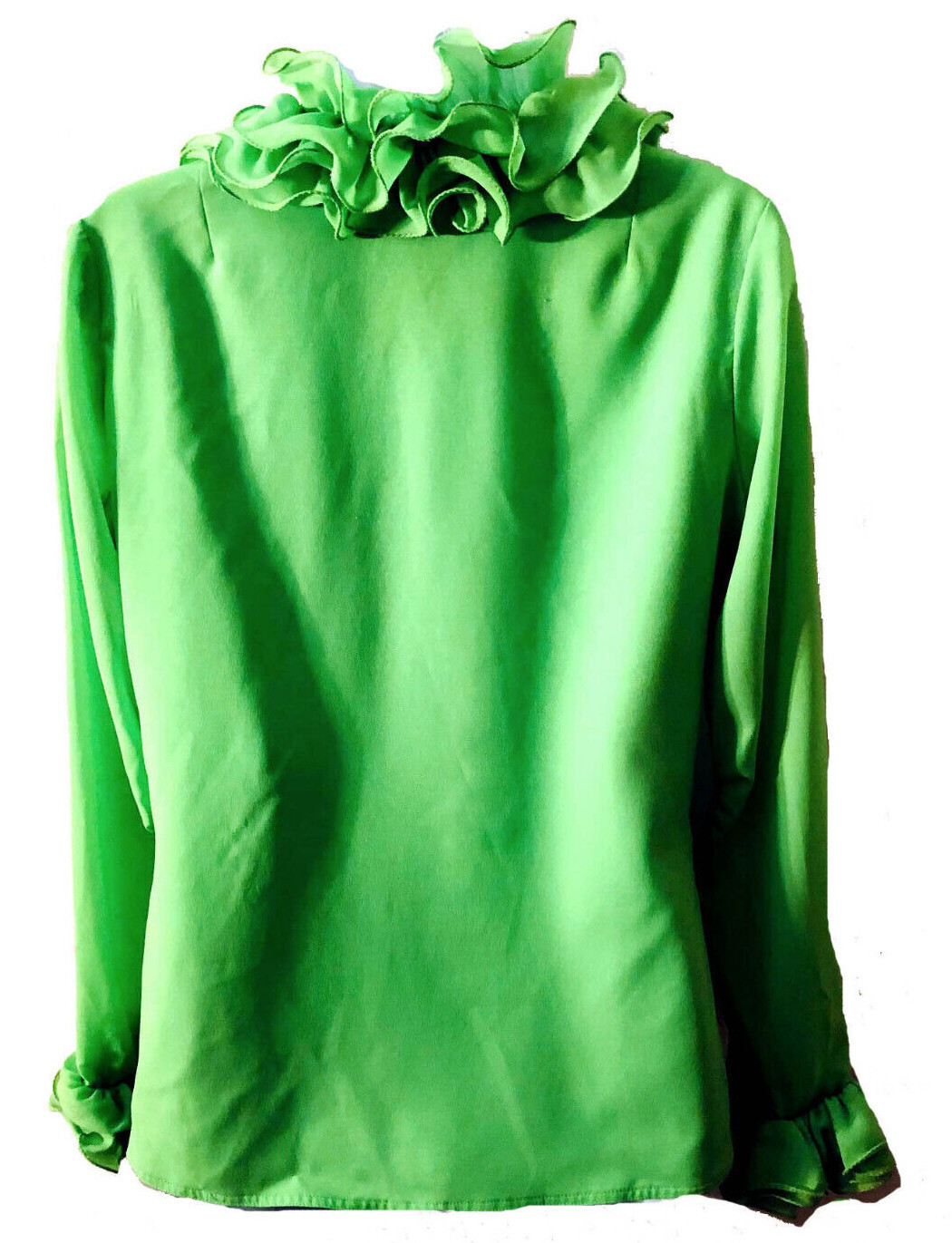 Malbe Lime Green Vintage 1960s/70s Ruffle Poly Chiffon Long Sleeve Disco Top 12