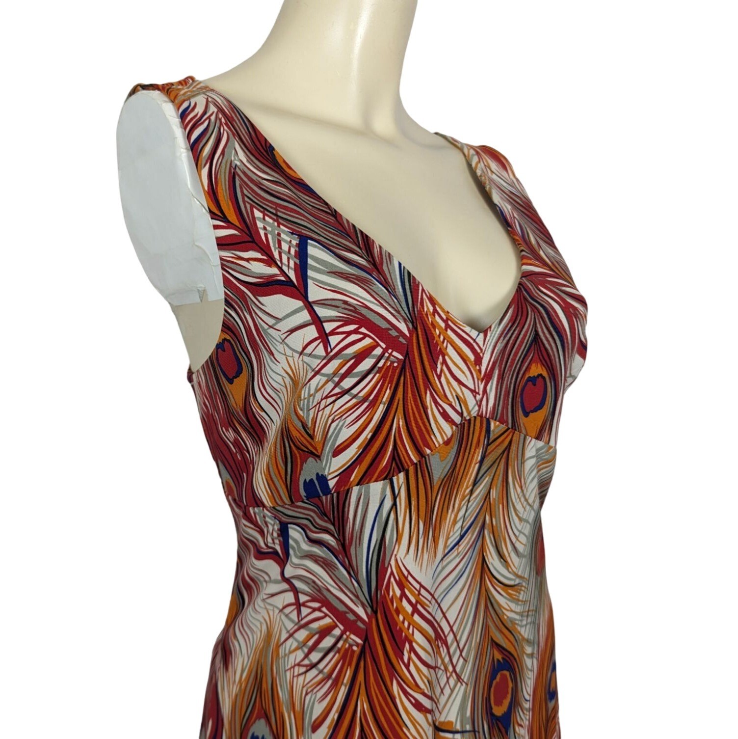 BCBG Dresses Large orange blue Peacock Feather print Vintage Empire Waist Y2K