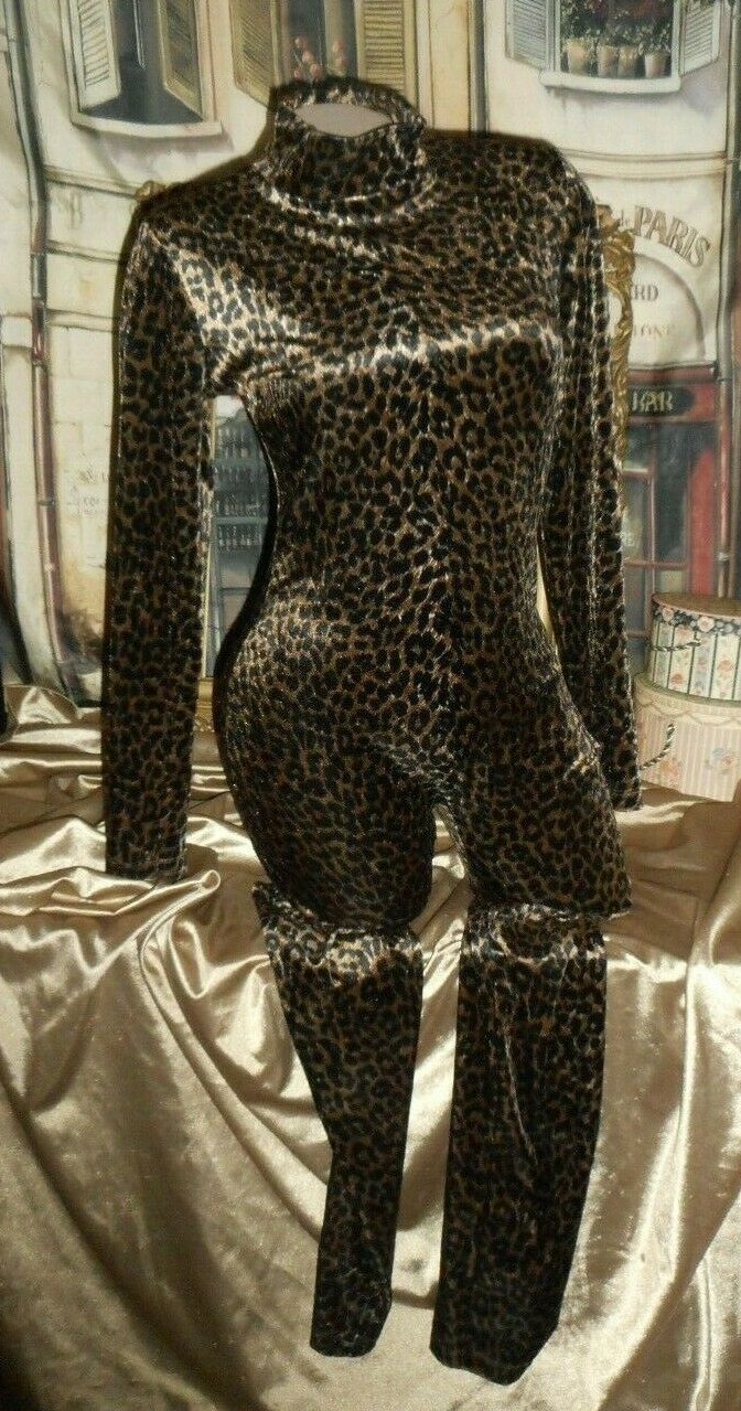 Velveteen Leopard Cheetah Bodysuit Long Sleeve Long Leg Mock Turtle Black Gold
